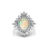 Oval Solitaire Opal Baguette and Round Diamond Cocktail Ring - GeumJewels