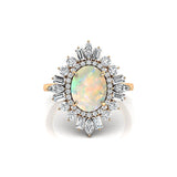 Oval Solitaire Opal Baguette and Round Diamond Cocktail Ring - GeumJewels
