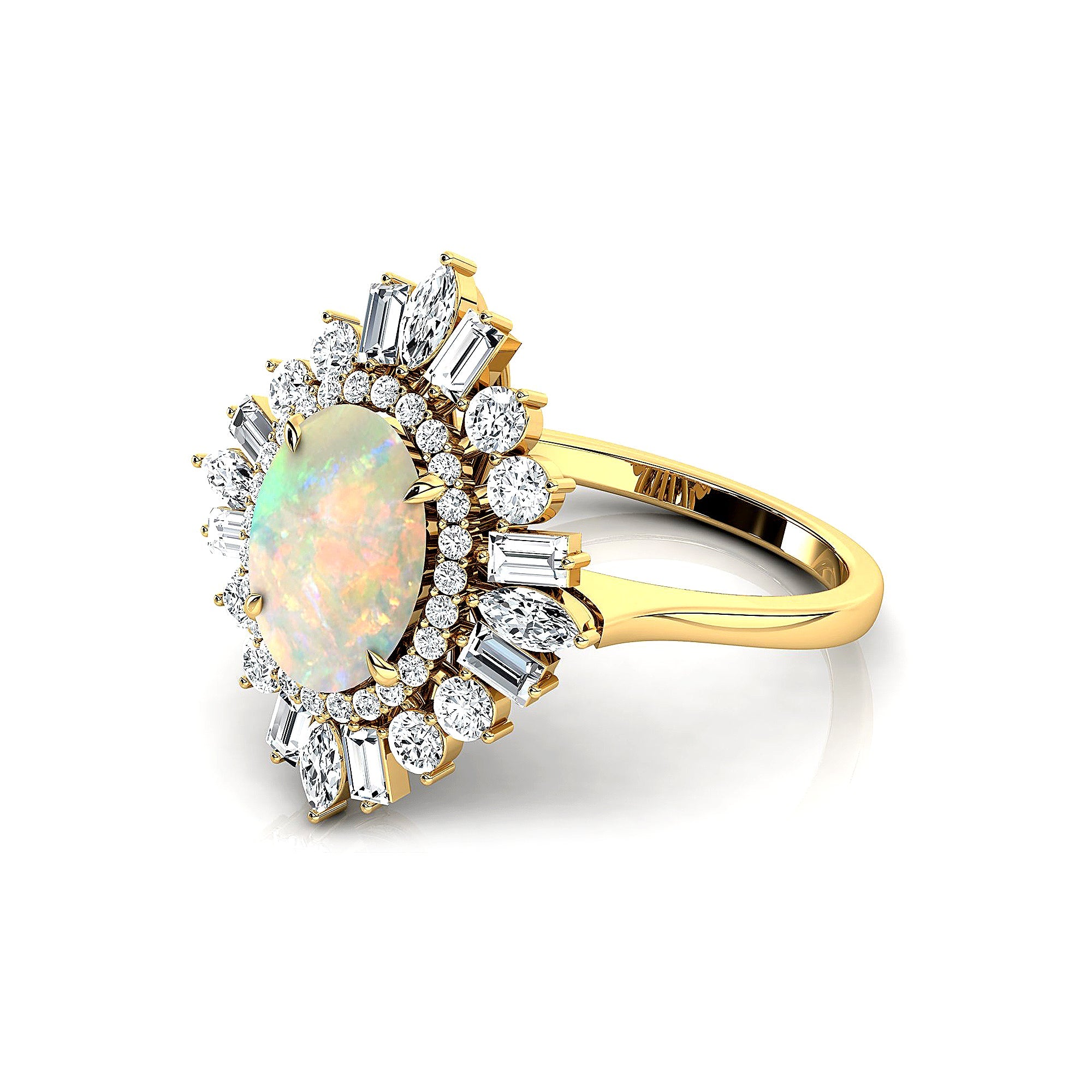Oval Solitaire Opal Baguette and Round Diamond Cocktail Ring - GeumJewels