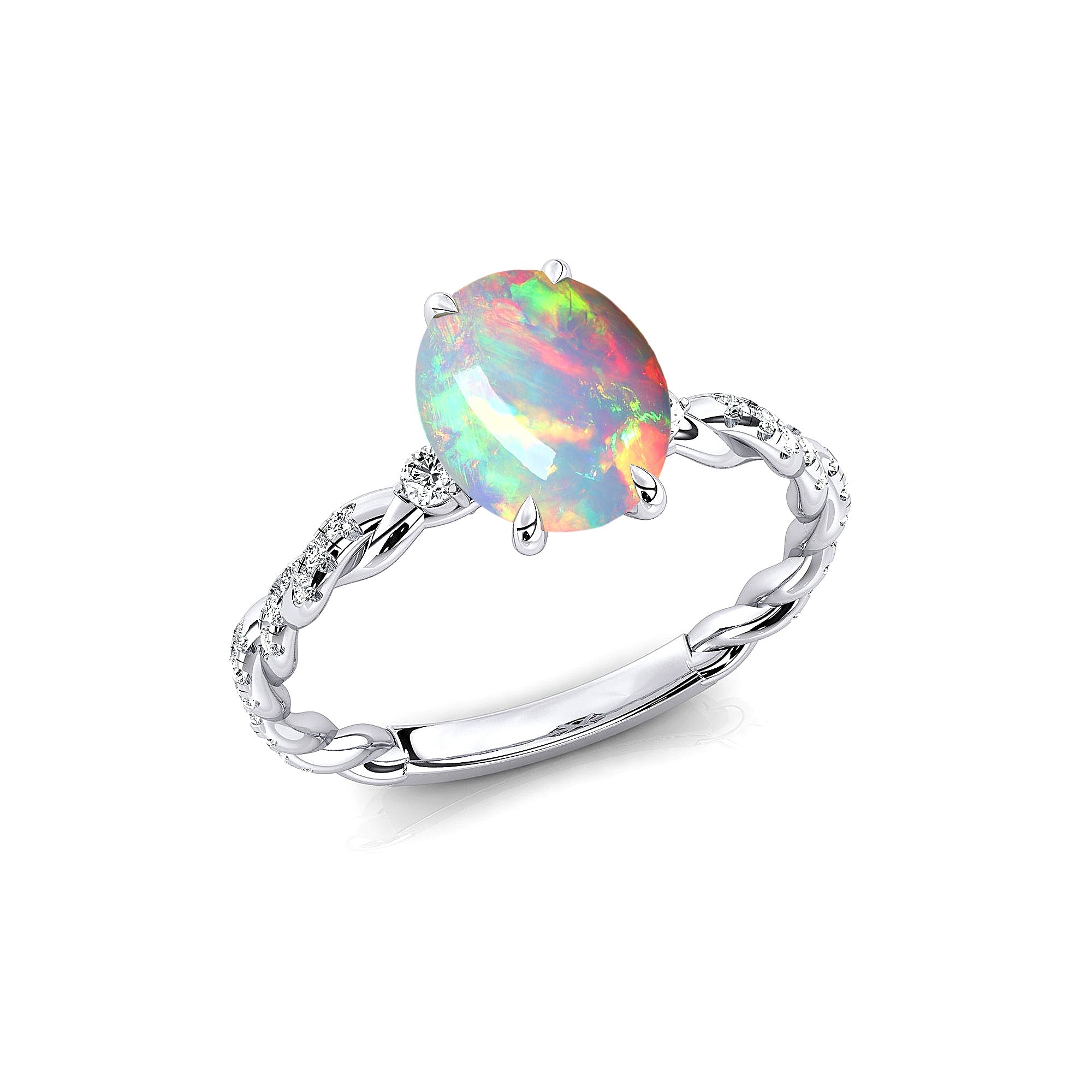 Oval Solitaire Opal Ring with Twisted Wire Diamond Band - GeumJewels