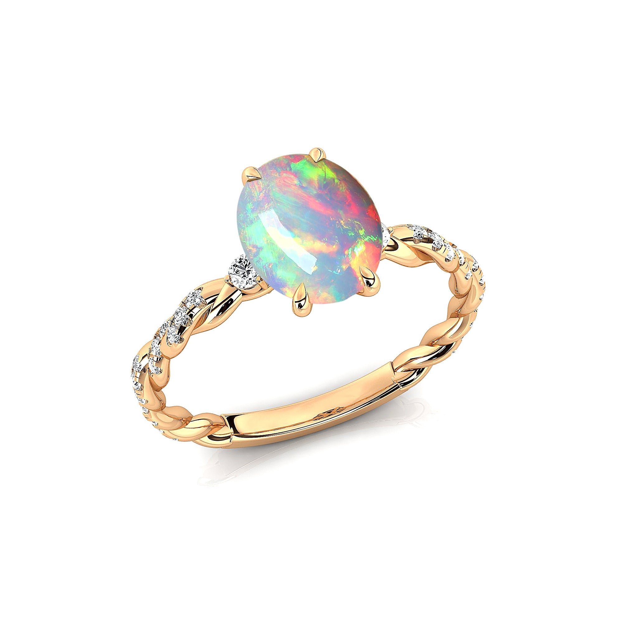 Oval Solitaire Opal Ring with Twisted Wire Diamond Band - GeumJewels