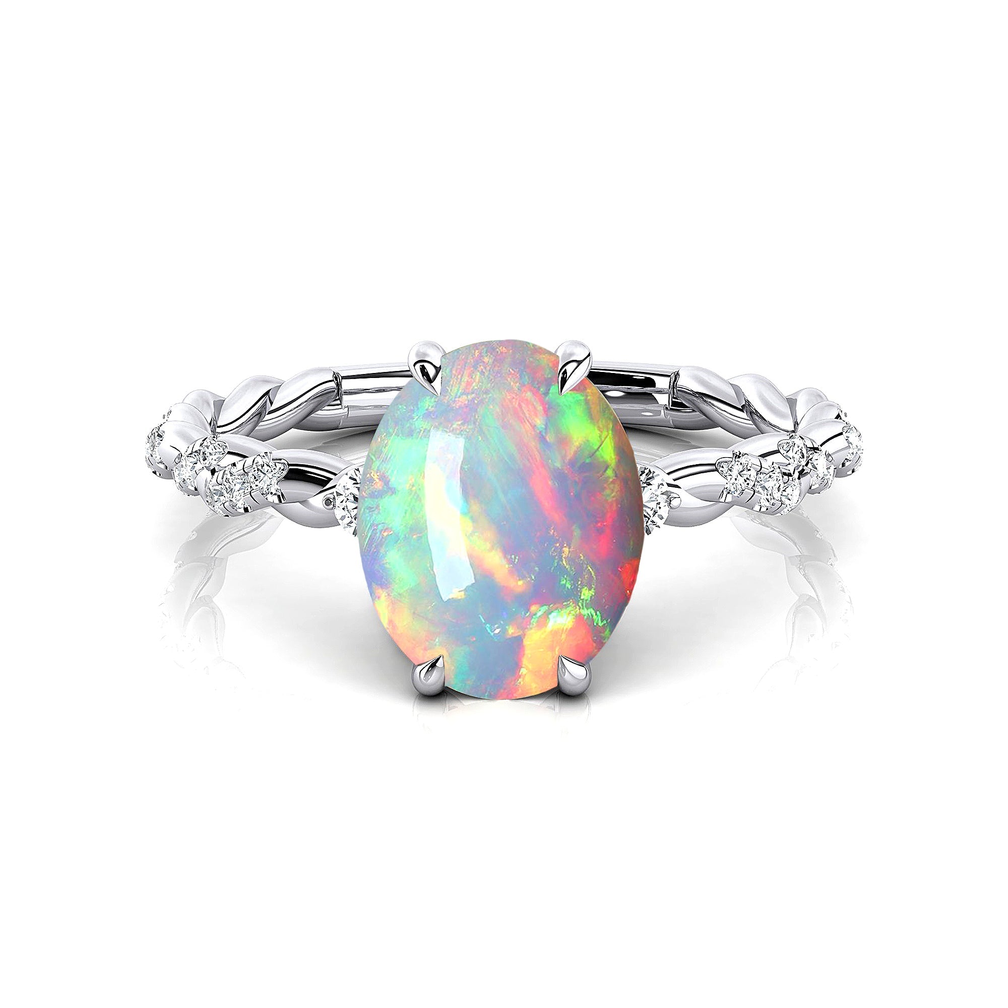 Oval Solitaire Opal Ring with Twisted Wire Diamond Band - GeumJewels