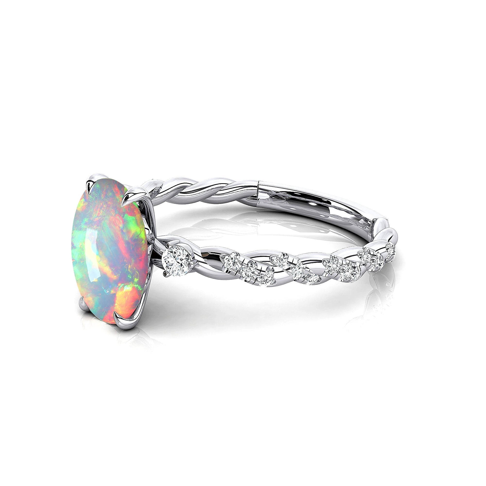 Oval Solitaire Opal Ring with Twisted Wire Diamond Band - GeumJewels
