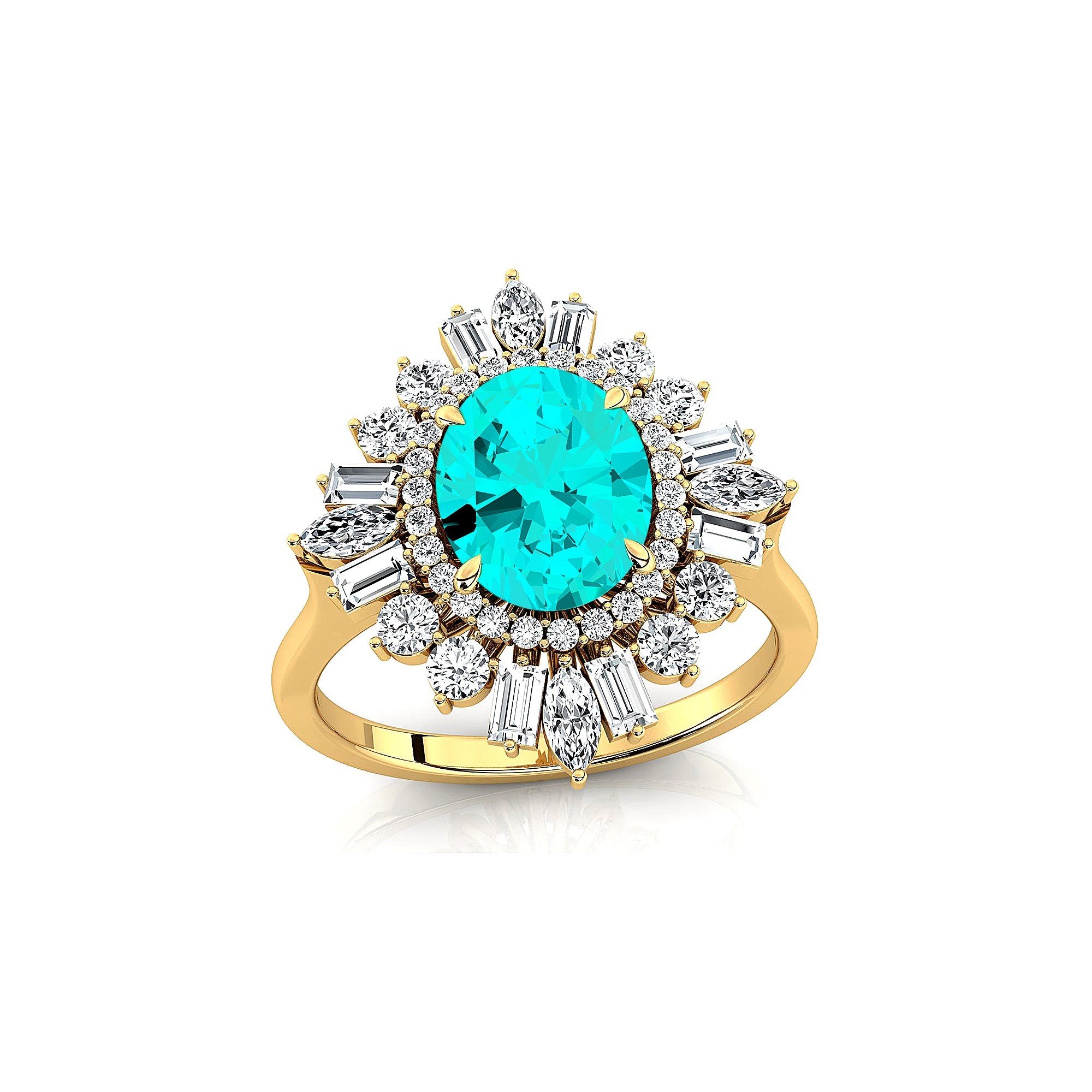 Oval Solitaire Paraiba Tourmaline Baguette and Round Diamond Cocktail Ring - GeumJewels