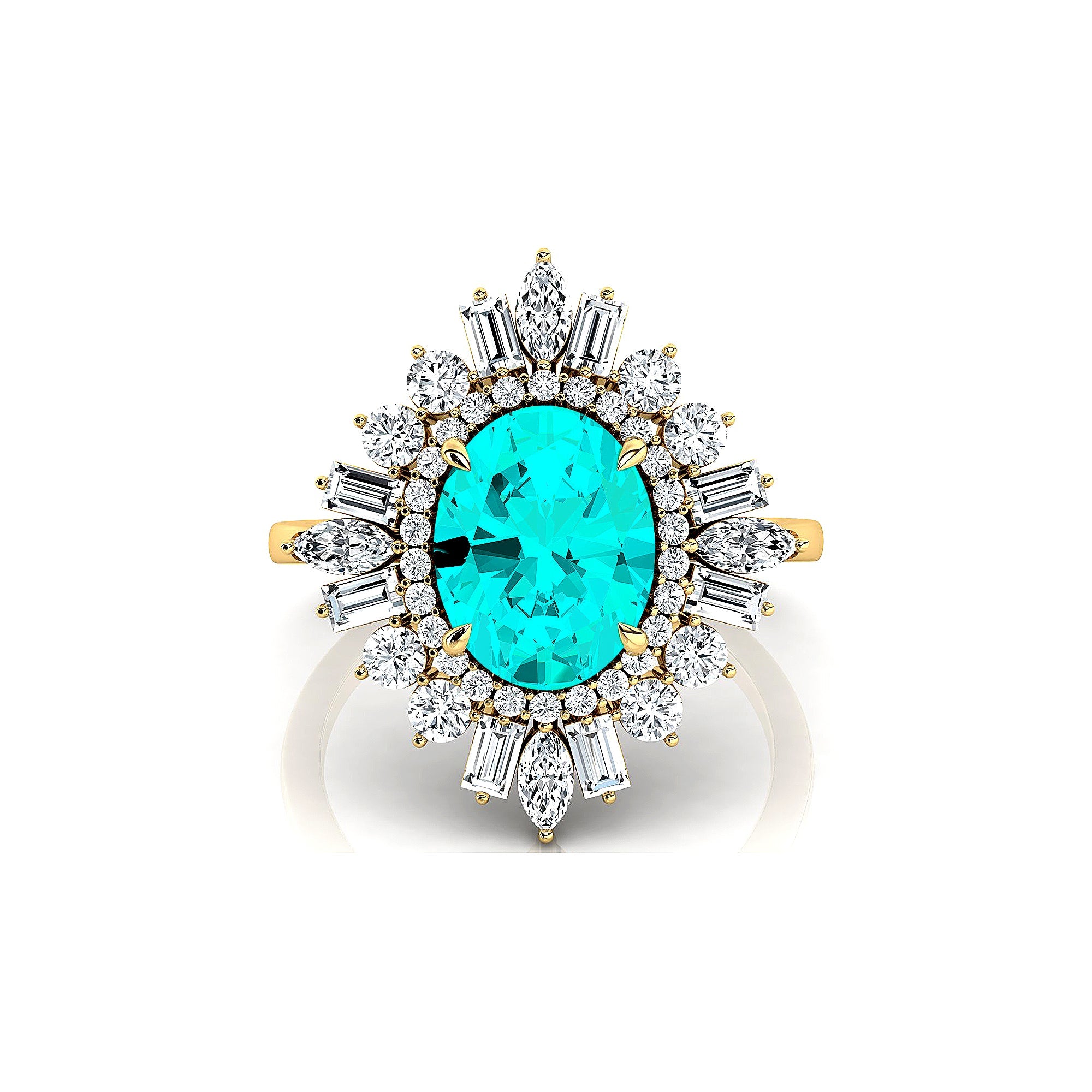 Oval Solitaire Paraiba Tourmaline Baguette and Round Diamond Cocktail Ring - GeumJewels