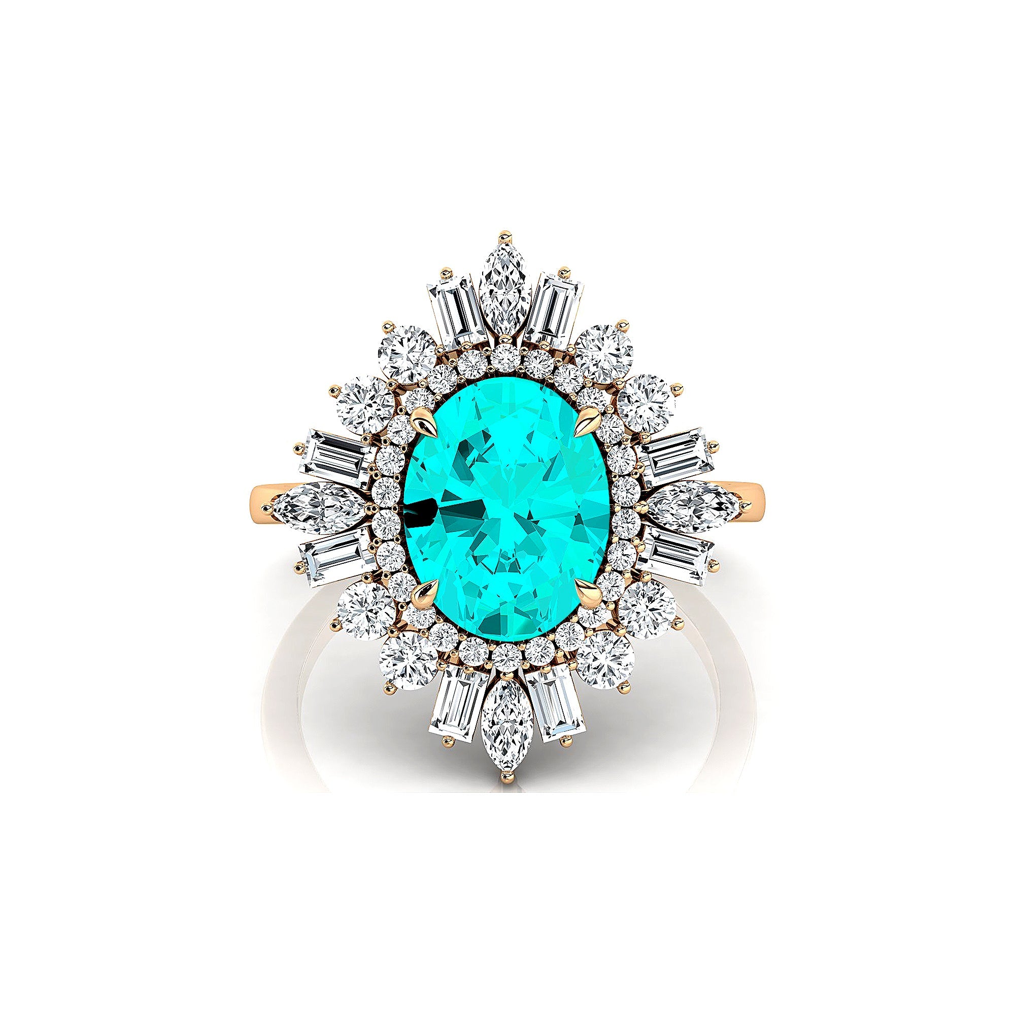 Oval Solitaire Paraiba Tourmaline Baguette and Round Diamond Cocktail Ring - GeumJewels