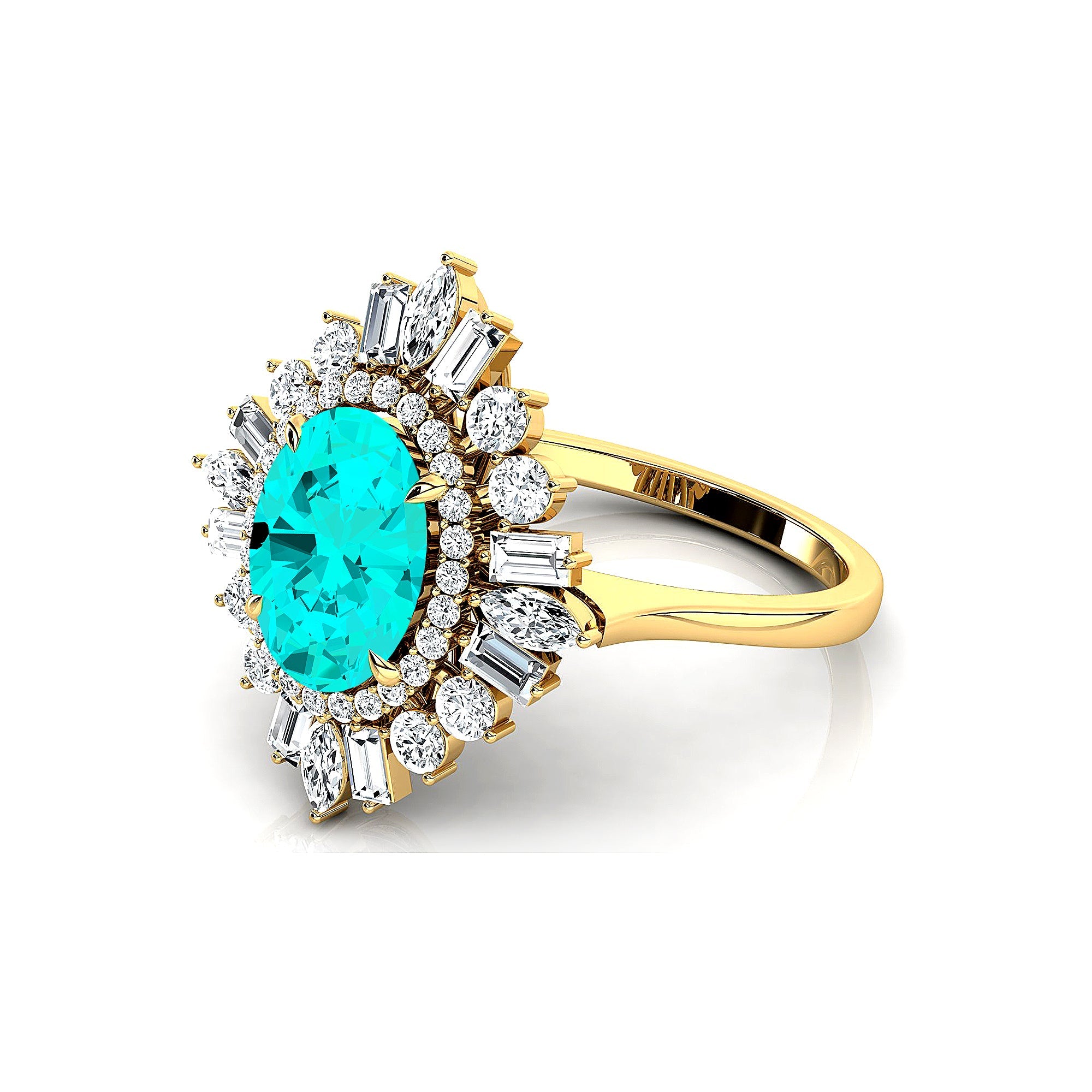 Oval Solitaire Paraiba Tourmaline Baguette and Round Diamond Cocktail Ring - GeumJewels