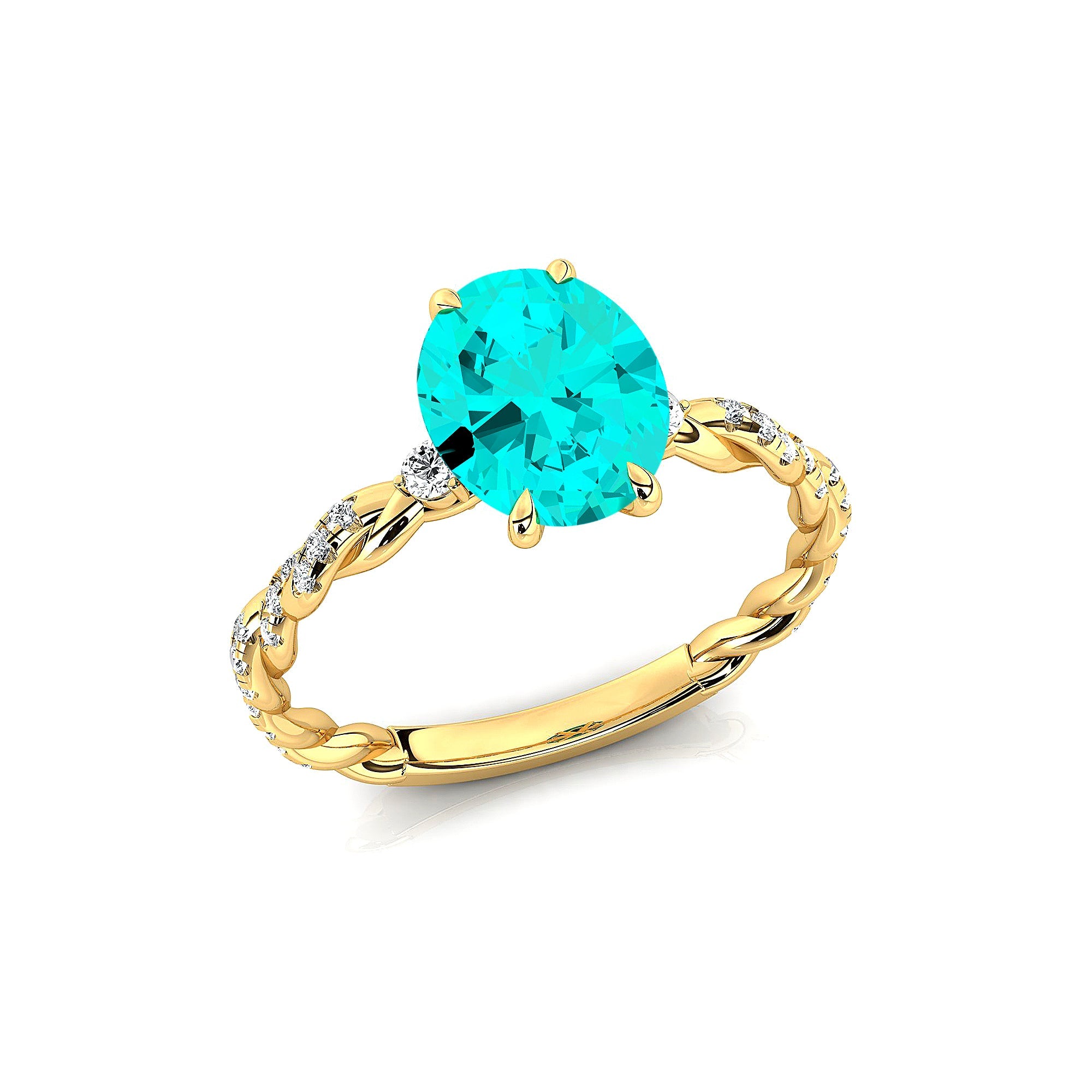 Oval Solitaire Paraiba Tourmaline Ring with Twisted Wire Diamond Band - GeumJewels