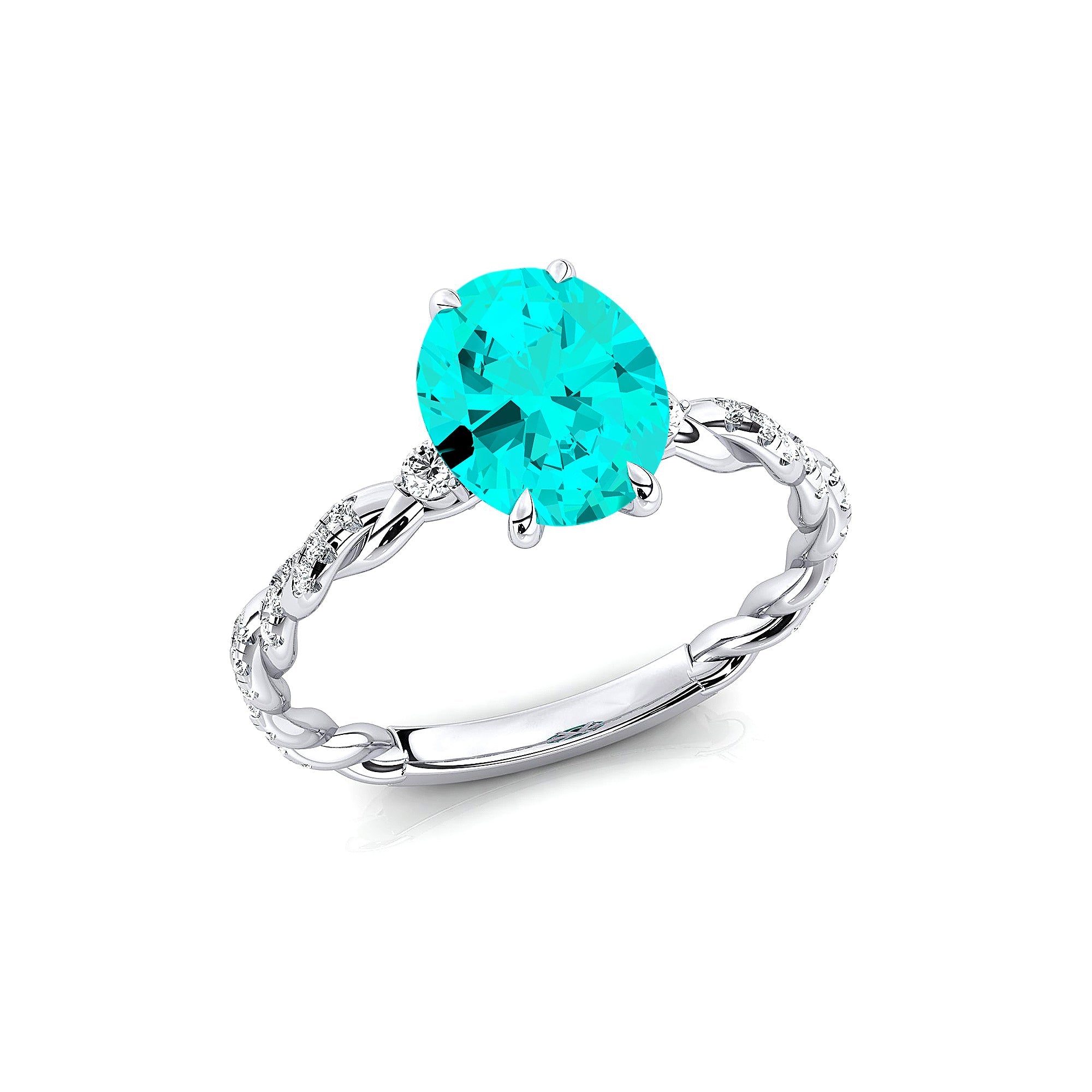 Oval Solitaire Paraiba Tourmaline Ring with Twisted Wire Diamond Band - GeumJewels