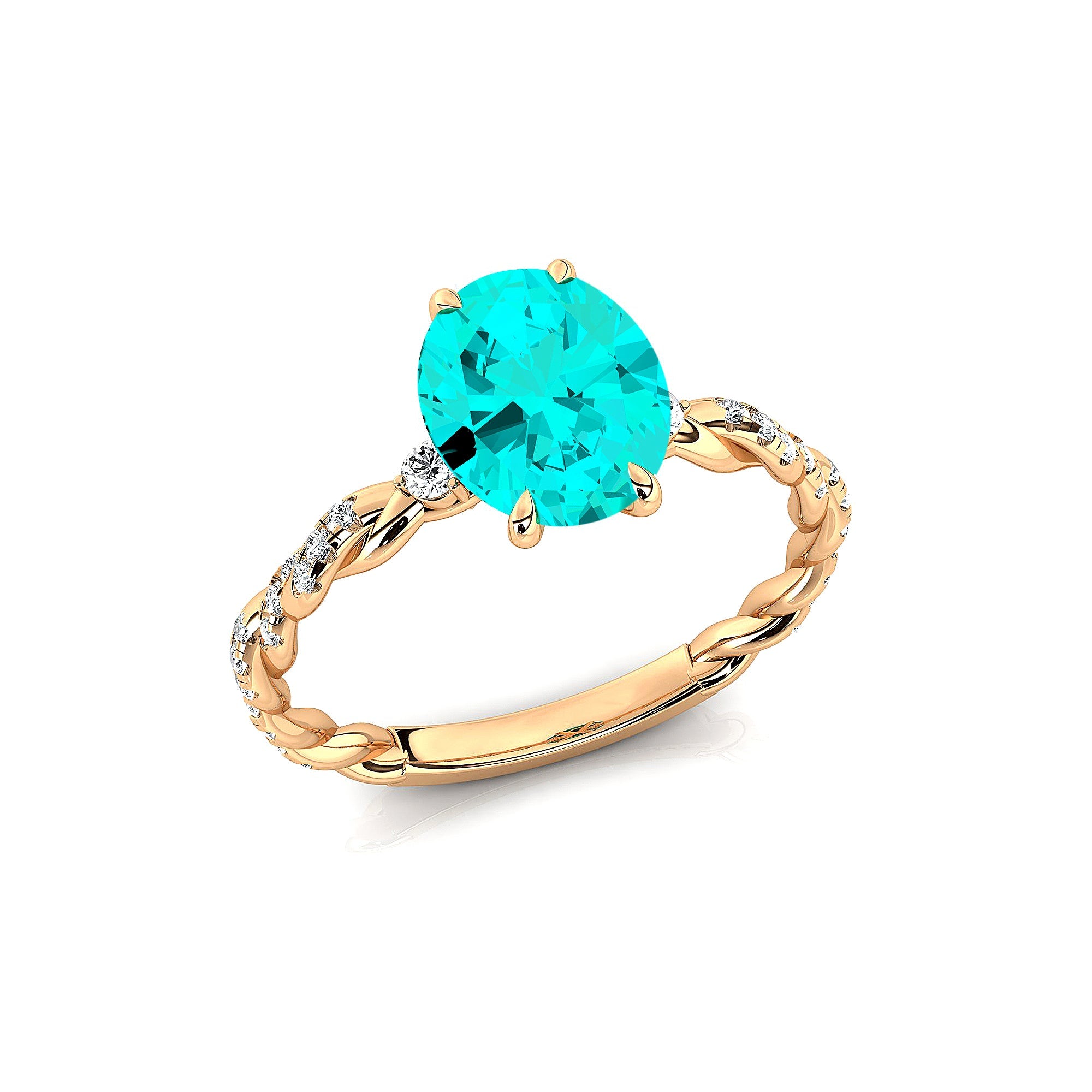 Oval Solitaire Paraiba Tourmaline Ring with Twisted Wire Diamond Band - GeumJewels