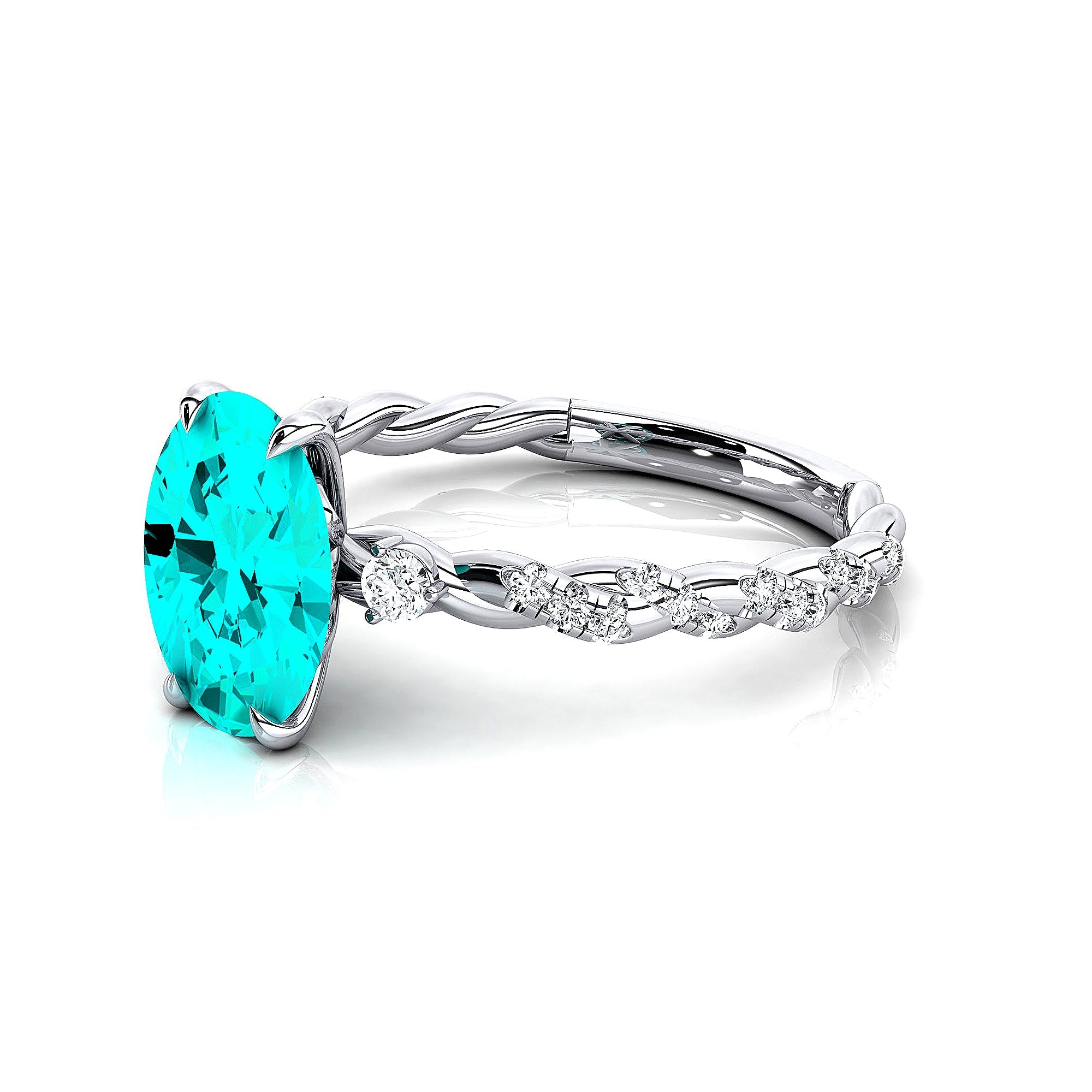 Oval Solitaire Paraiba Tourmaline Ring with Twisted Wire Diamond Band - GeumJewels