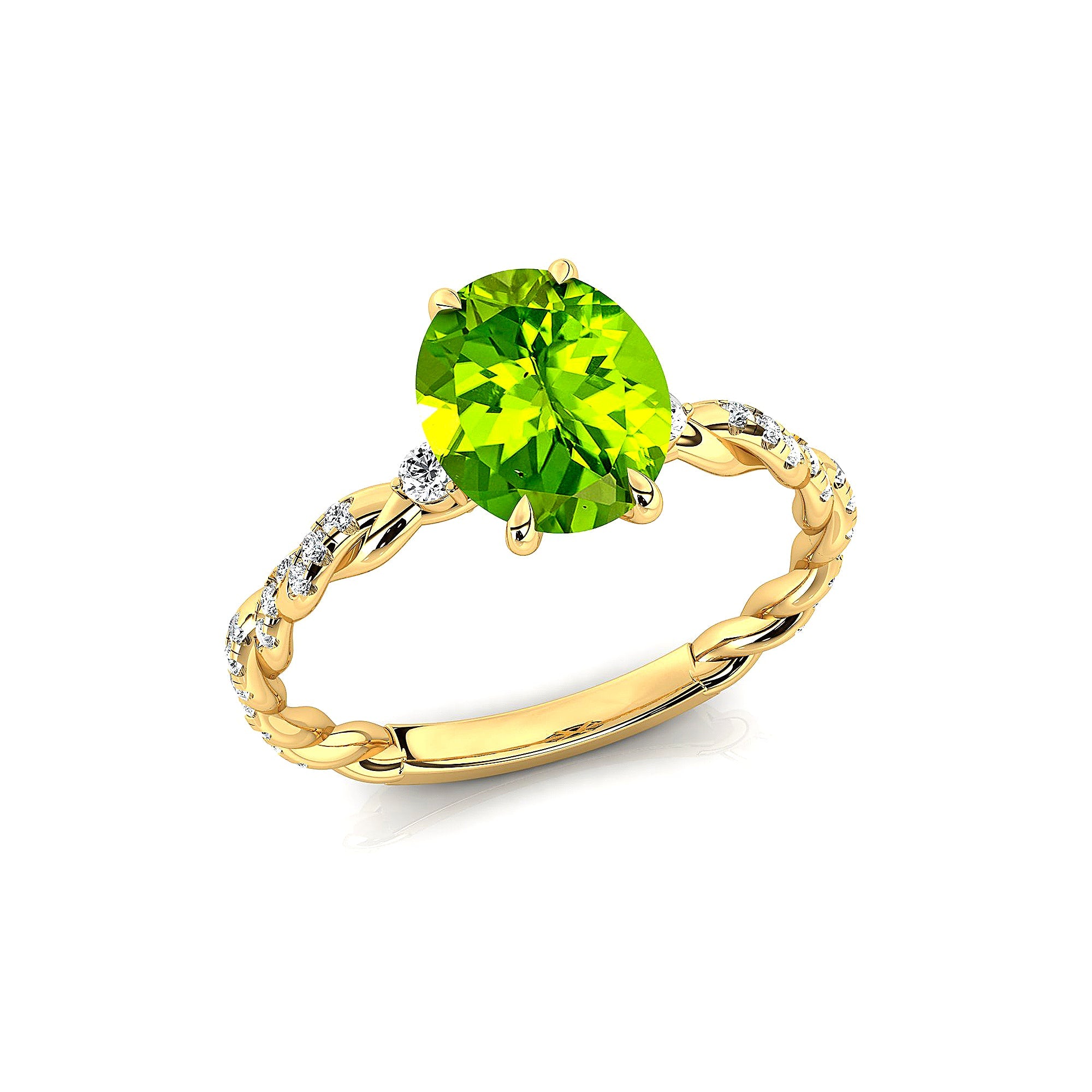 Oval Solitaire Peridot Ring with Twisted Wire Diamond Band - GeumJewels