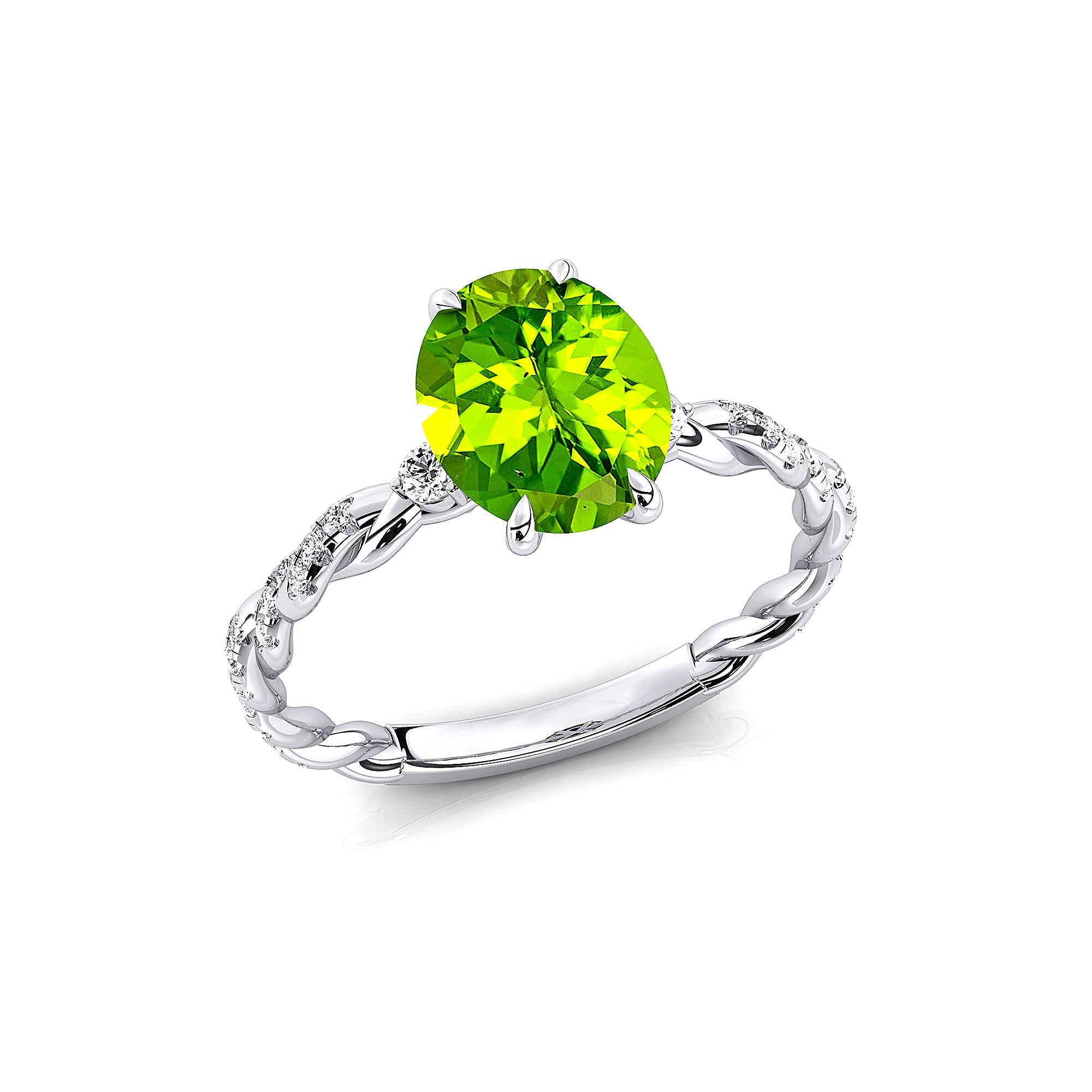 Oval Solitaire Peridot Ring with Twisted Wire Diamond Band - GeumJewels