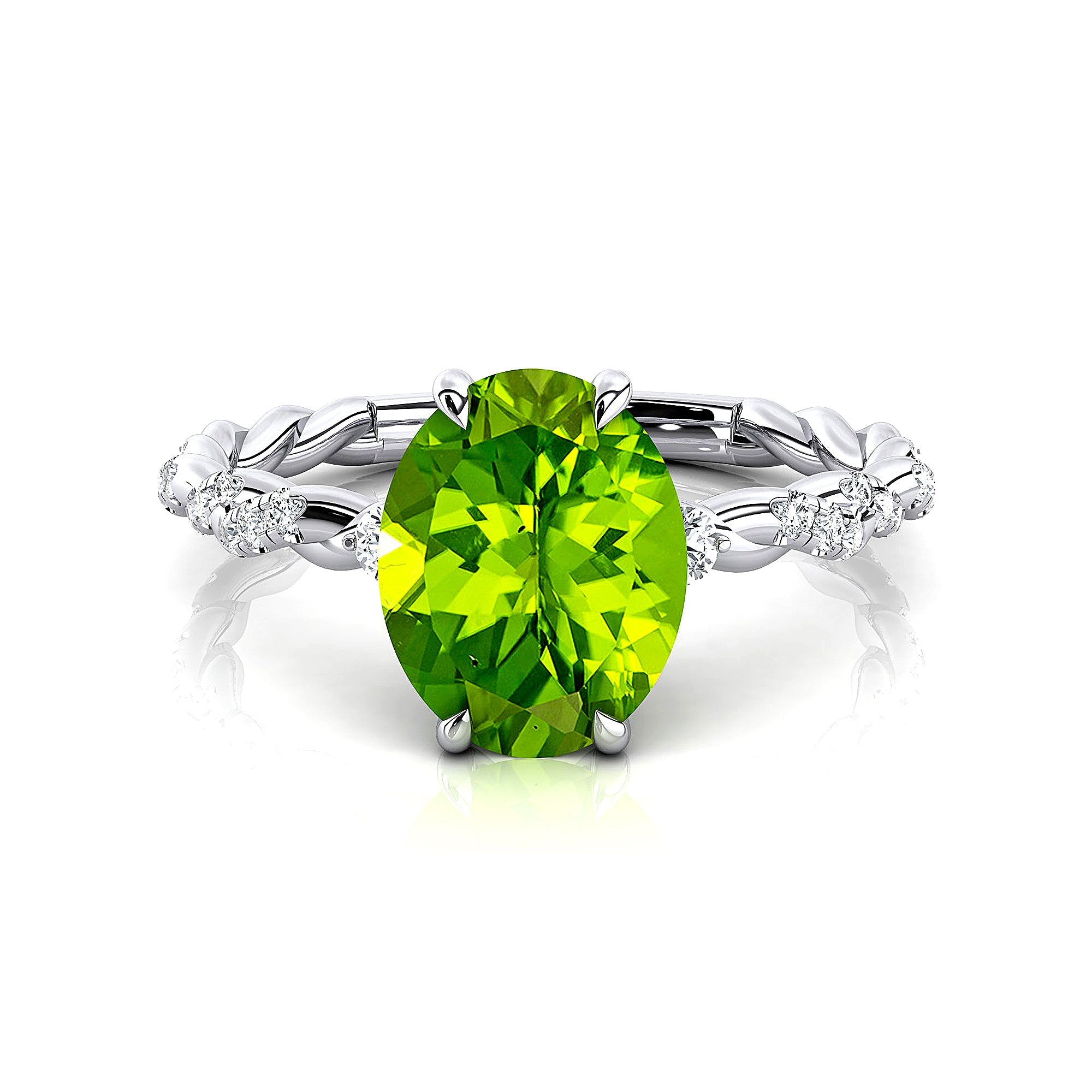 Oval Solitaire Peridot Ring with Twisted Wire Diamond Band - GeumJewels