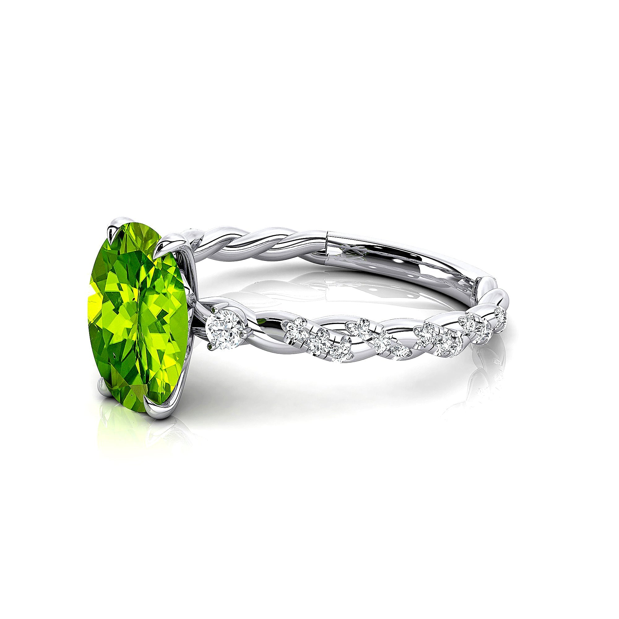 Oval Solitaire Peridot Ring with Twisted Wire Diamond Band - GeumJewels