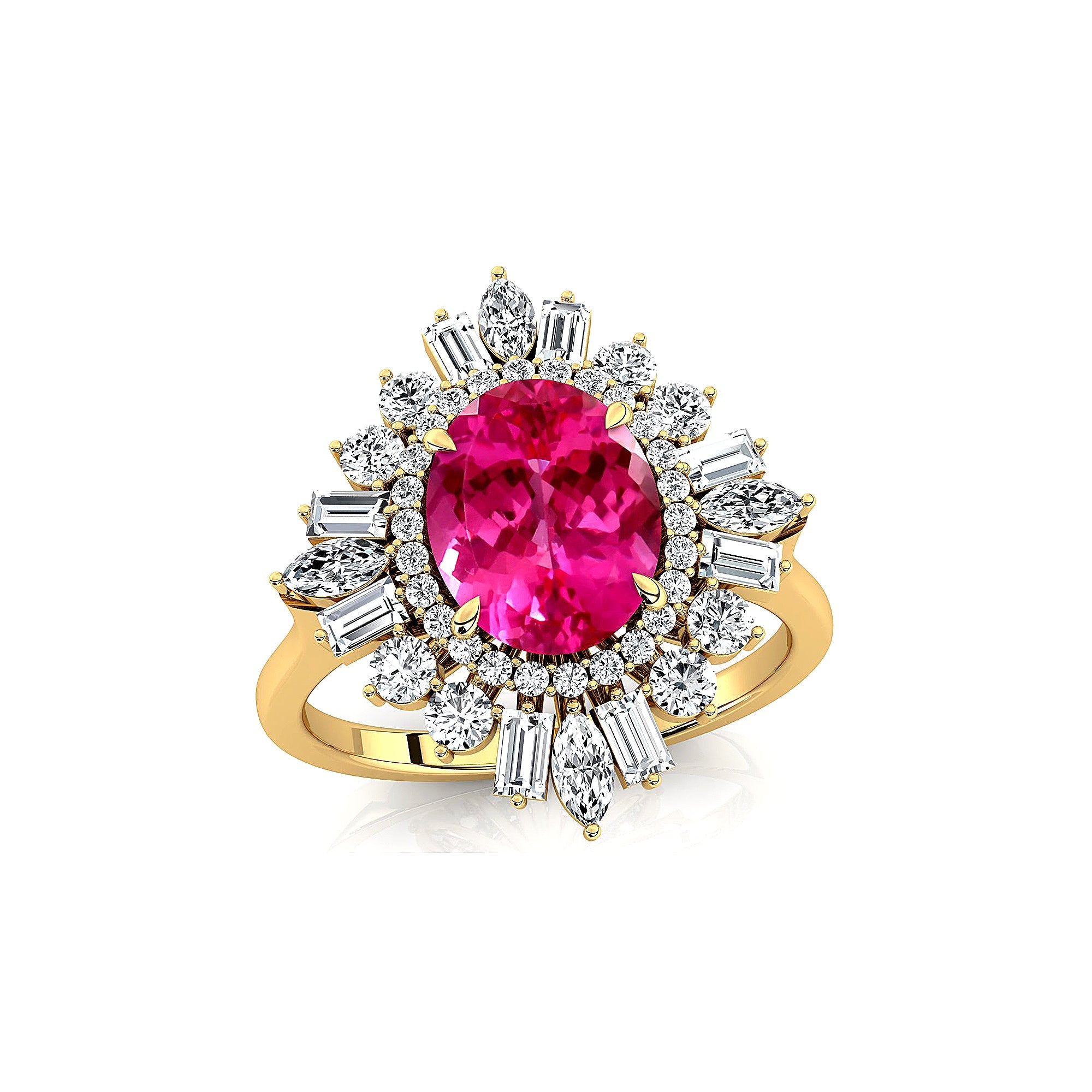 Oval Solitaire Pink Sapphire Baguette and Round Diamond Cocktail Ring - GeumJewels