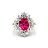 Oval Solitaire Pink Sapphire Baguette and Round Diamond Cocktail Ring - GeumJewels