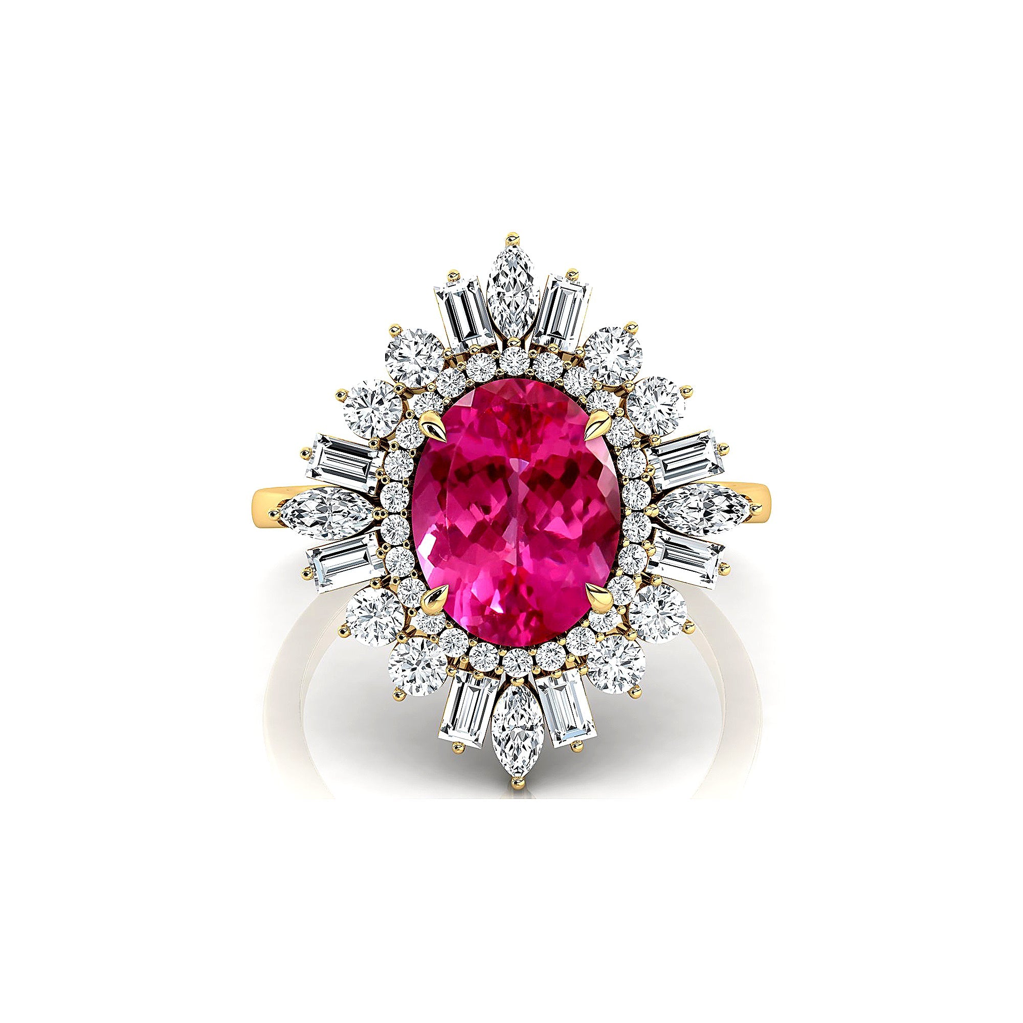 Oval Solitaire Pink Sapphire Baguette and Round Diamond Cocktail Ring - GeumJewels
