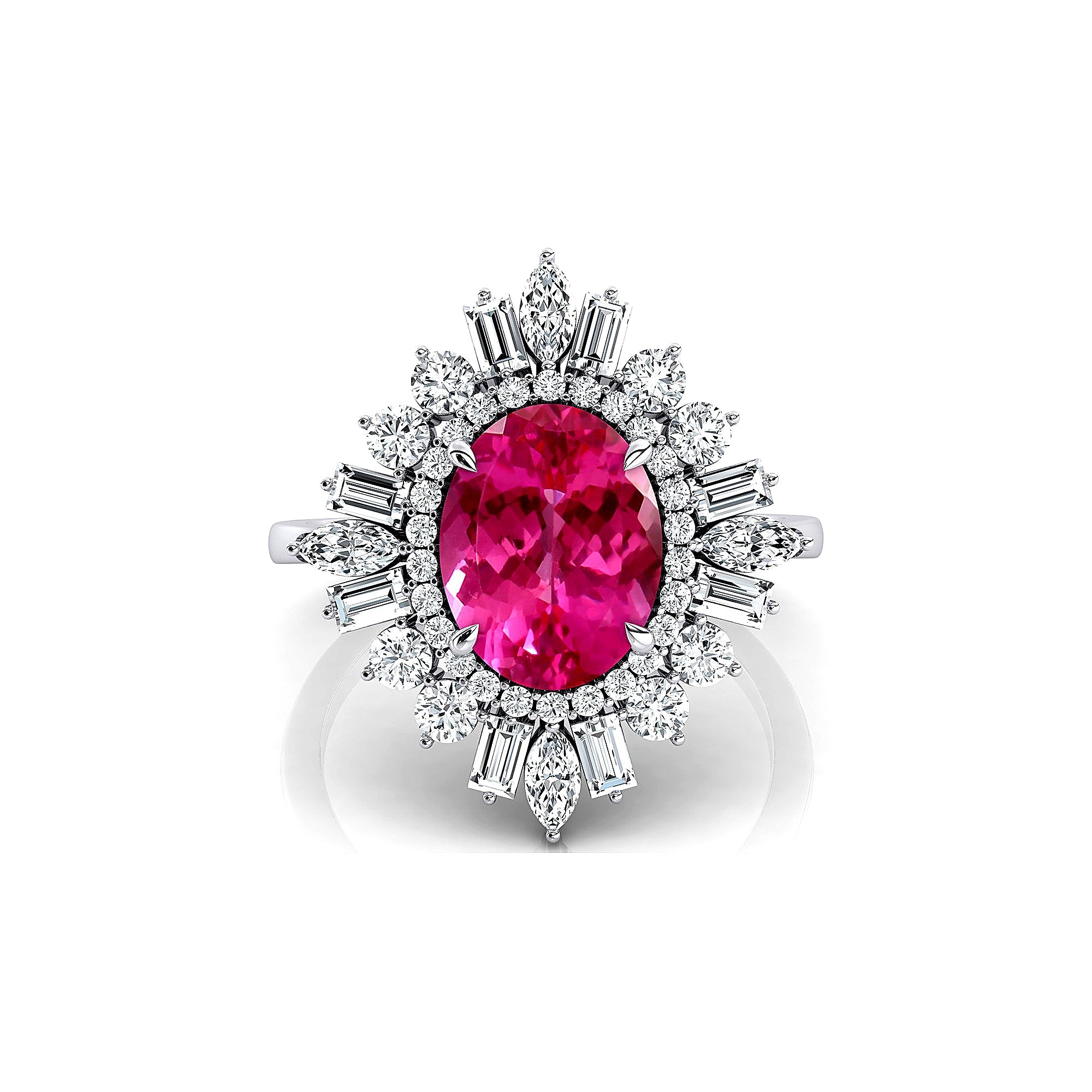 Oval Solitaire Pink Sapphire Baguette and Round Diamond Cocktail Ring - GeumJewels