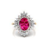 Oval Solitaire Pink Sapphire Baguette and Round Diamond Cocktail Ring - GeumJewels