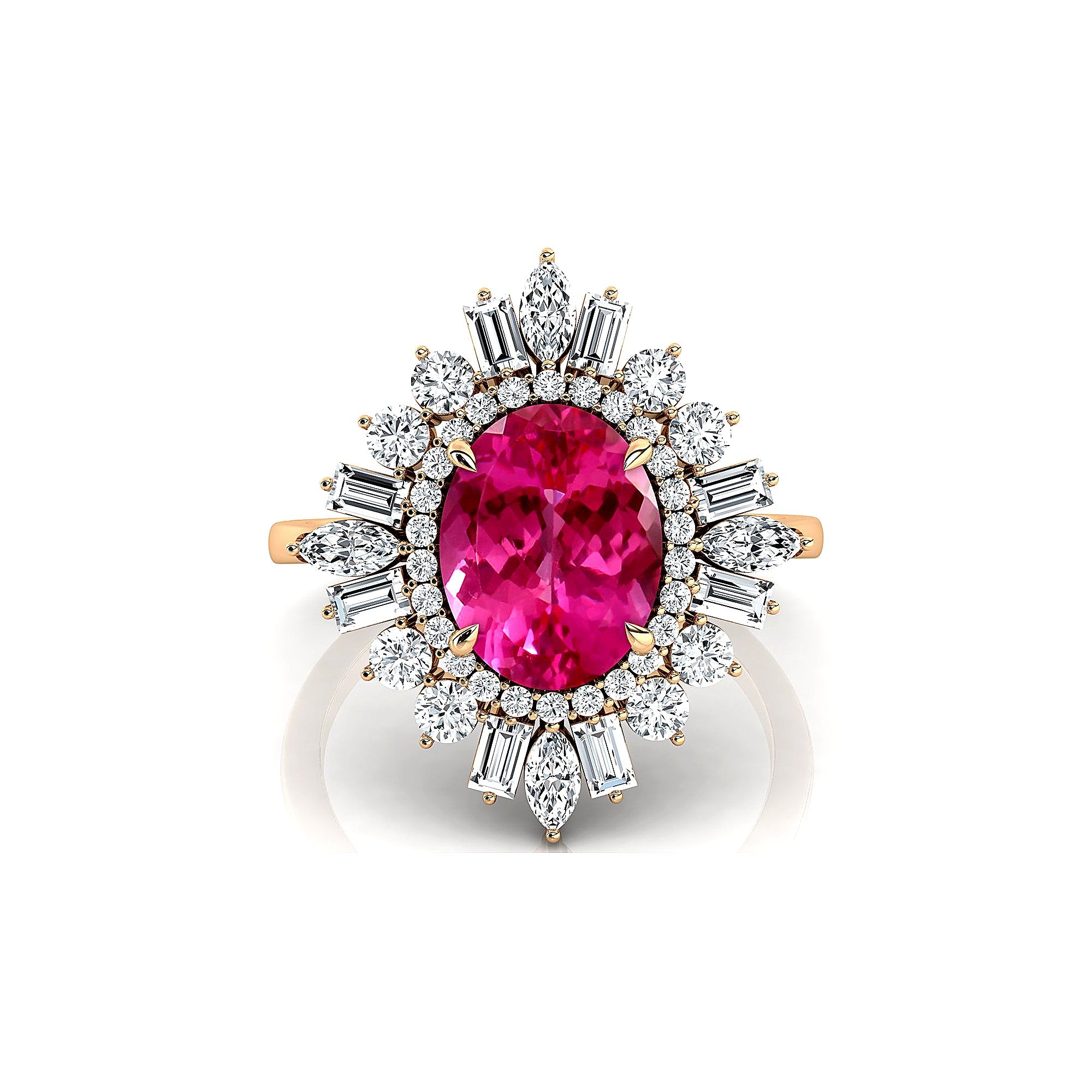 Oval Solitaire Pink Sapphire Baguette and Round Diamond Cocktail Ring - GeumJewels