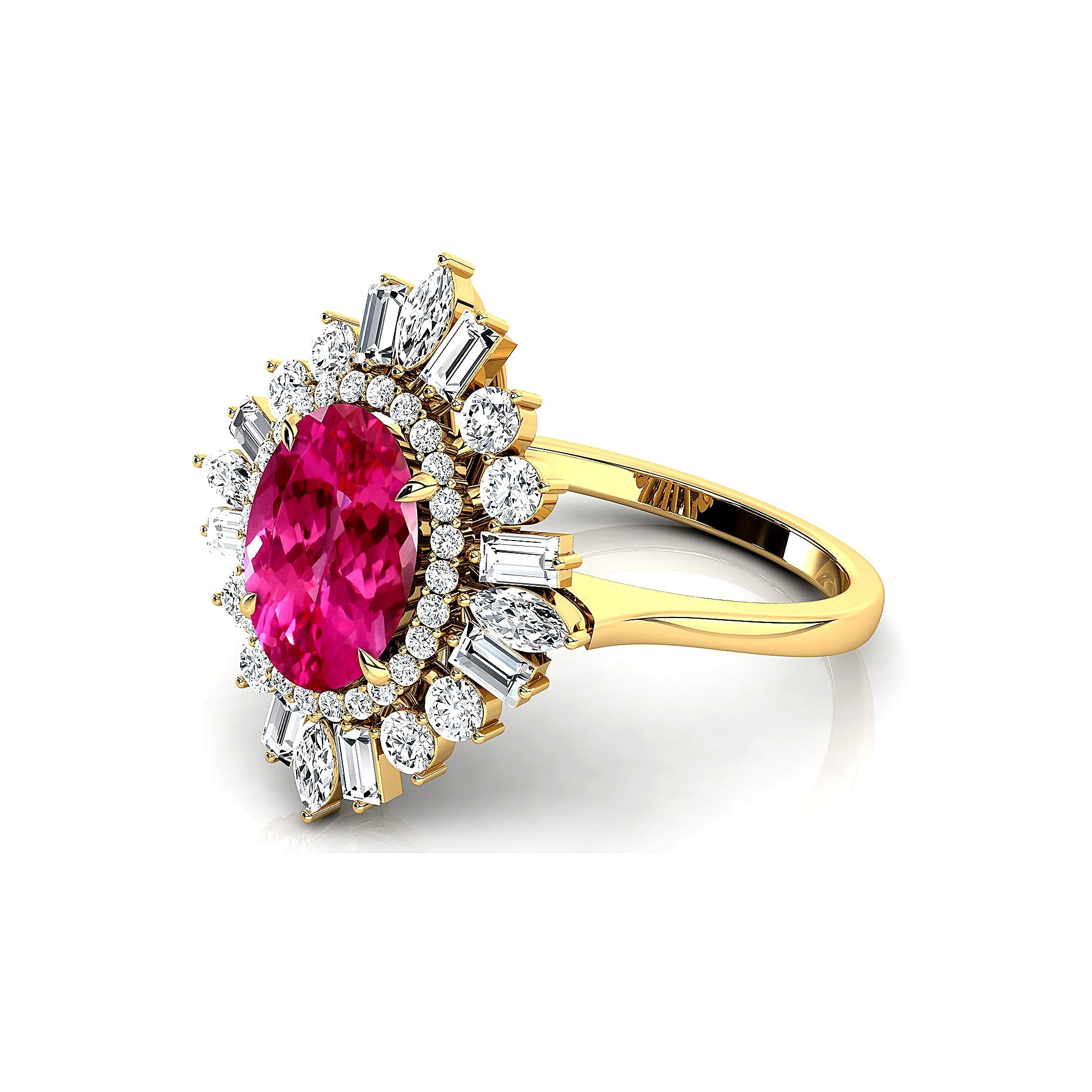 Oval Solitaire Pink Sapphire Baguette and Round Diamond Cocktail Ring - GeumJewels