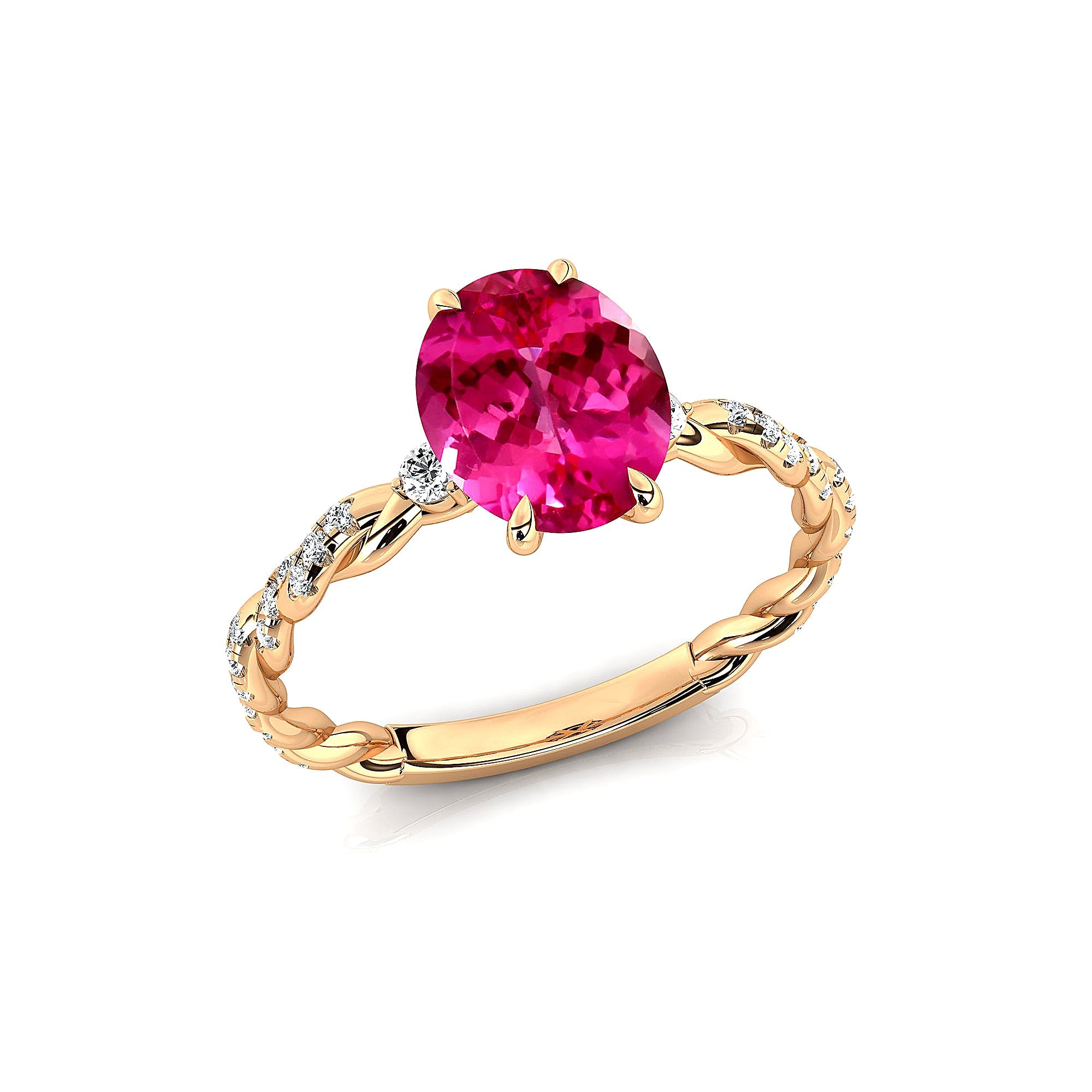 Oval Solitaire Pink Sapphire Ring with Twisted Wire Diamond Band - GeumJewels