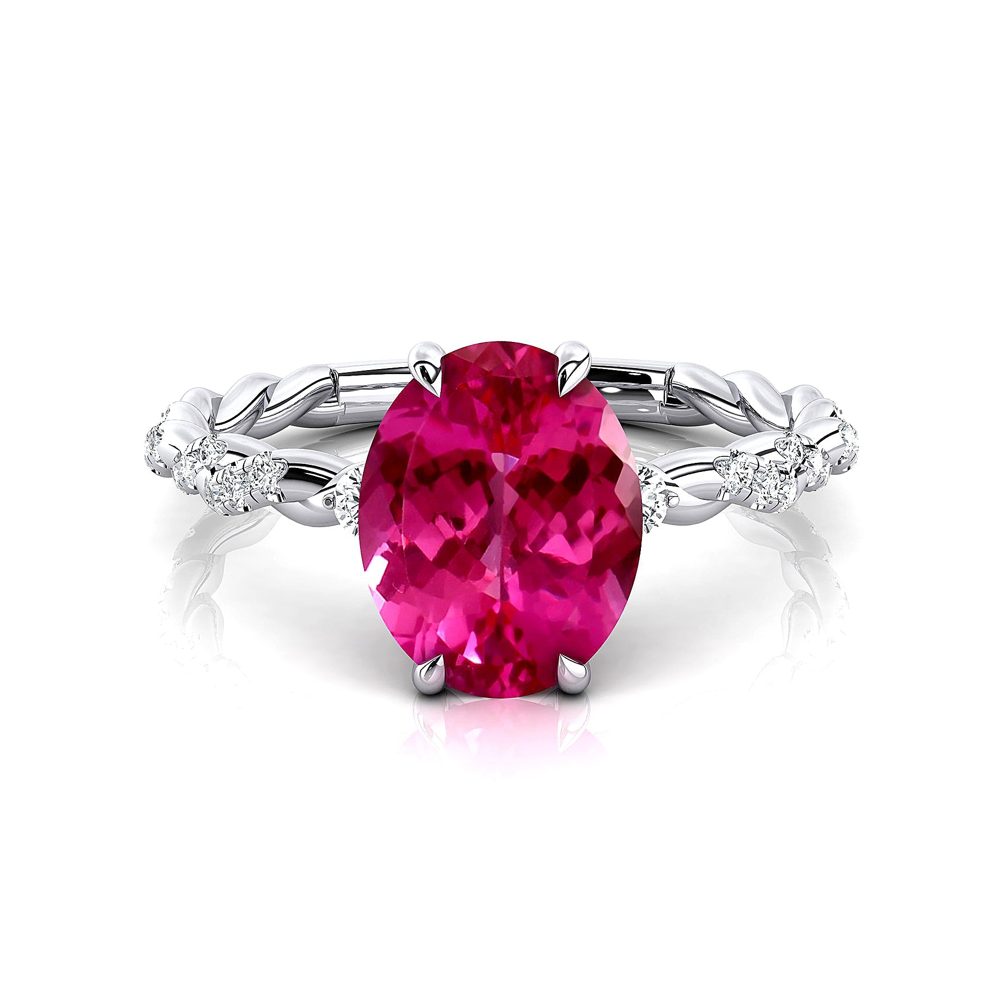 Oval Solitaire Pink Sapphire Ring with Twisted Wire Diamond Band - GeumJewels