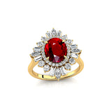 Oval Solitaire Ruby Baguette and Round Diamond Cocktail Ring - GeumJewels