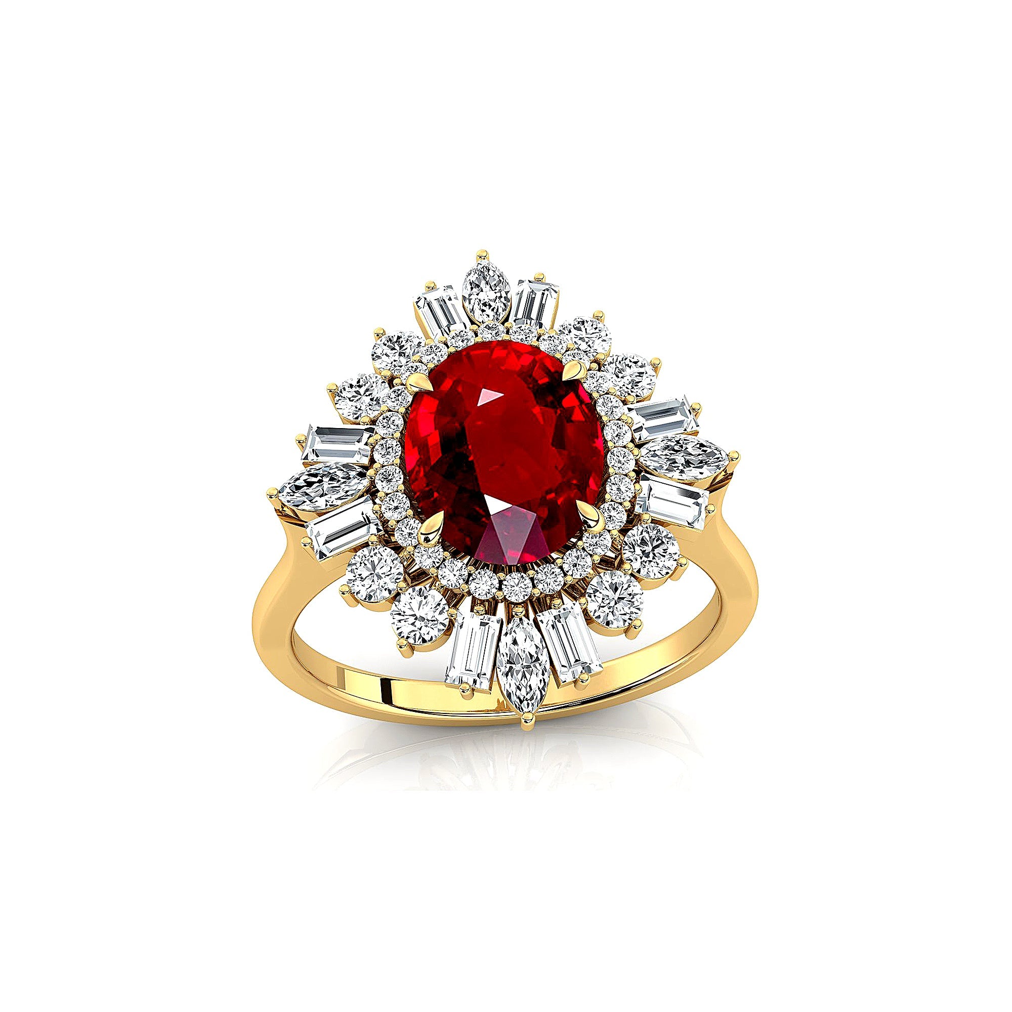 Oval Solitaire Ruby Baguette and Round Diamond Cocktail Ring - GeumJewels