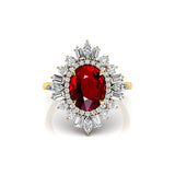 Oval Solitaire Ruby Baguette and Round Diamond Cocktail Ring - GeumJewels
