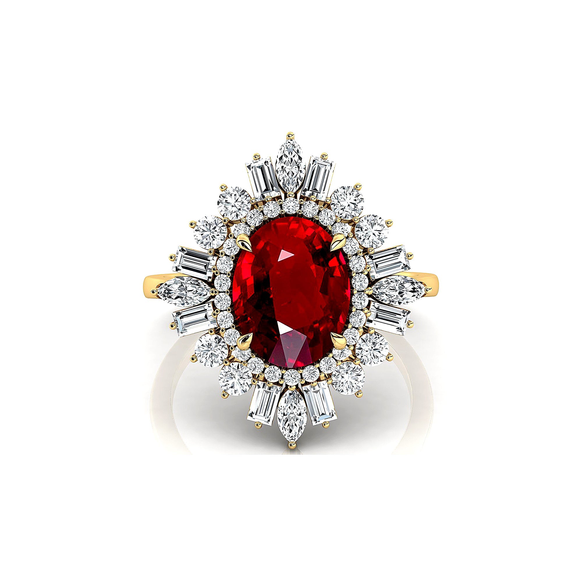 Oval Solitaire Ruby Baguette and Round Diamond Cocktail Ring - GeumJewels