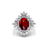 Oval Solitaire Ruby Baguette and Round Diamond Cocktail Ring - GeumJewels