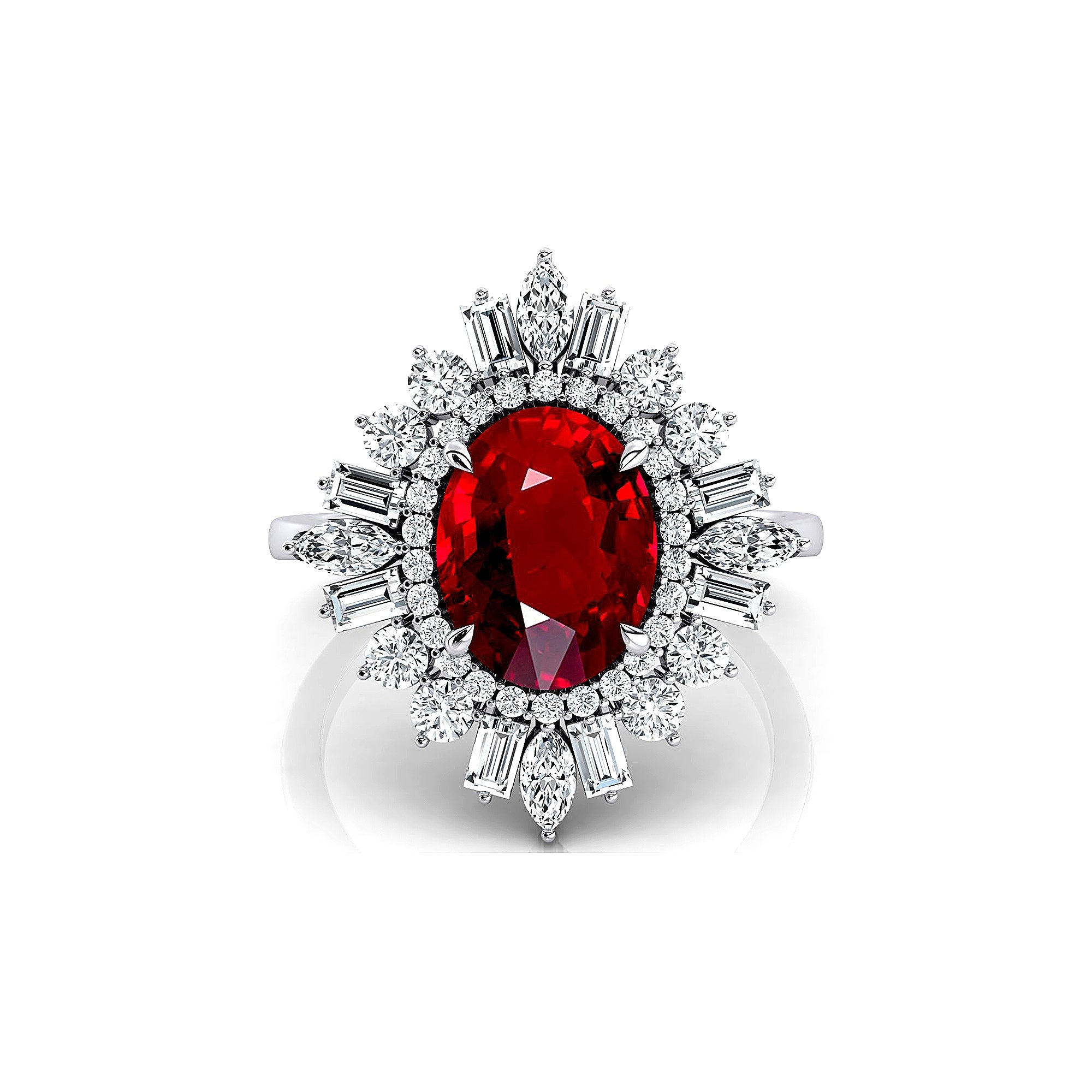 Oval Solitaire Ruby Baguette and Round Diamond Cocktail Ring - GeumJewels