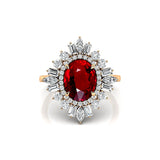Oval Solitaire Ruby Baguette and Round Diamond Cocktail Ring - GeumJewels