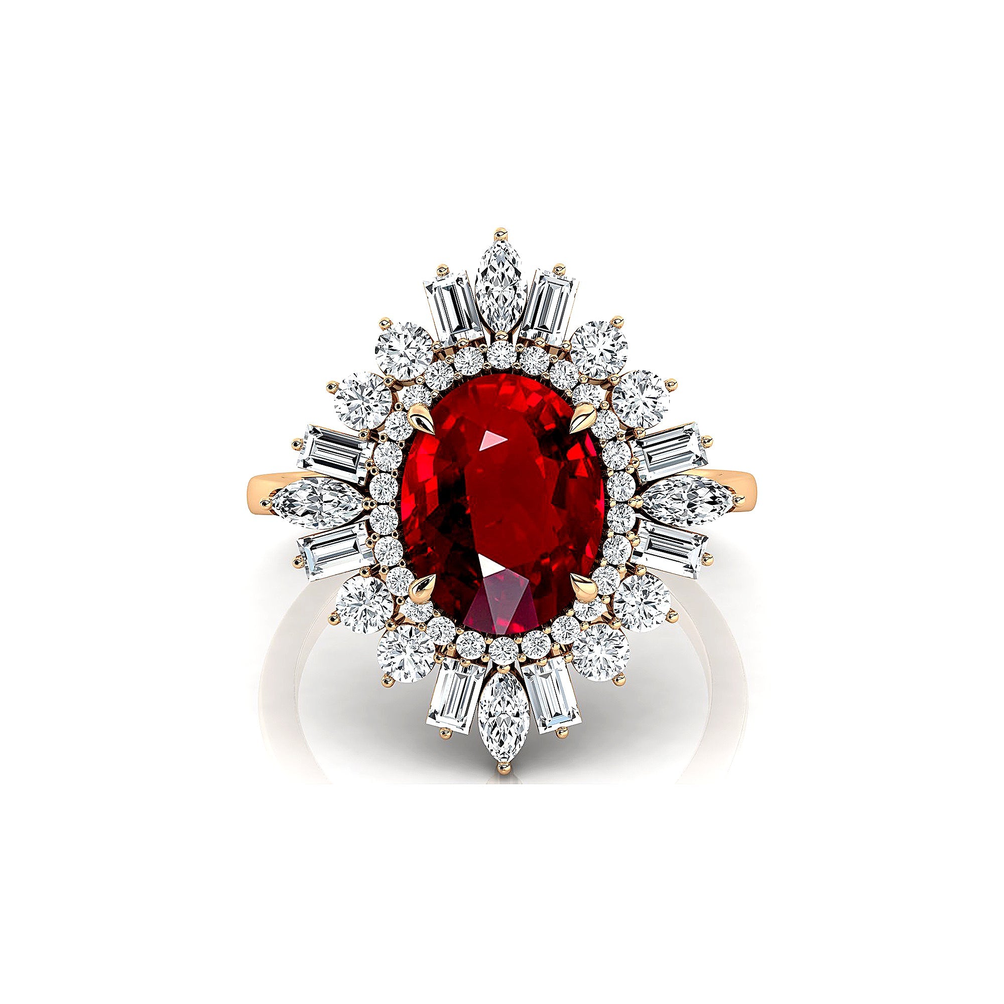 Oval Solitaire Ruby Baguette and Round Diamond Cocktail Ring - GeumJewels