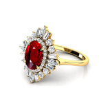 Oval Solitaire Ruby Baguette and Round Diamond Cocktail Ring - GeumJewels