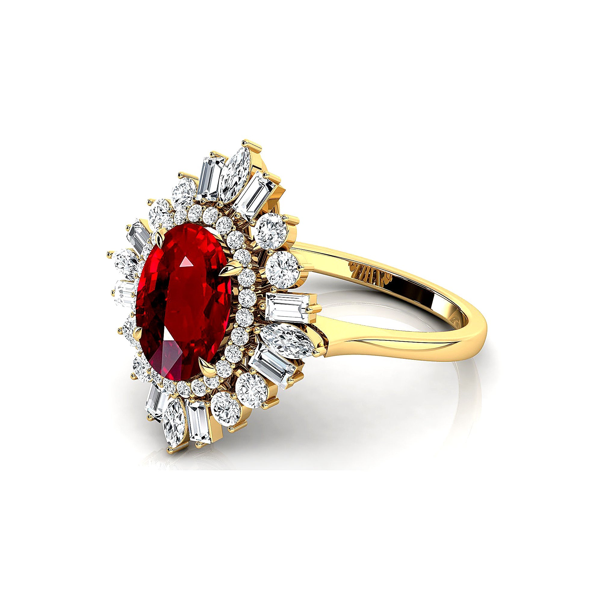Oval Solitaire Ruby Baguette and Round Diamond Cocktail Ring - GeumJewels