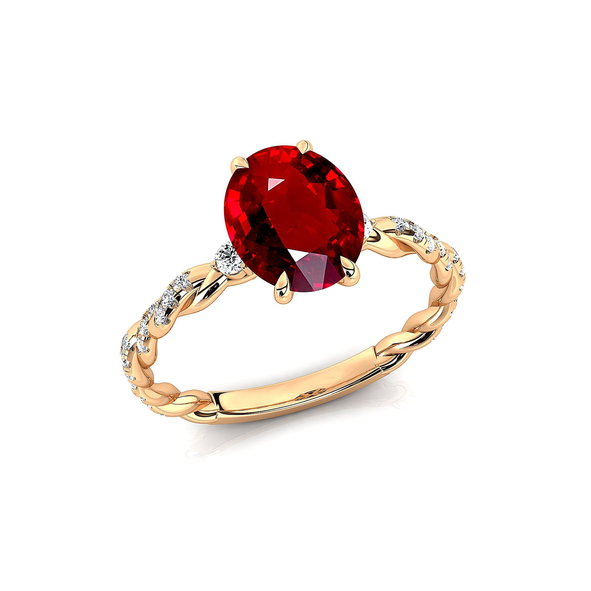 Oval Solitaire Ruby Ring with Twisted Wire Diamond Band - GeumJewels