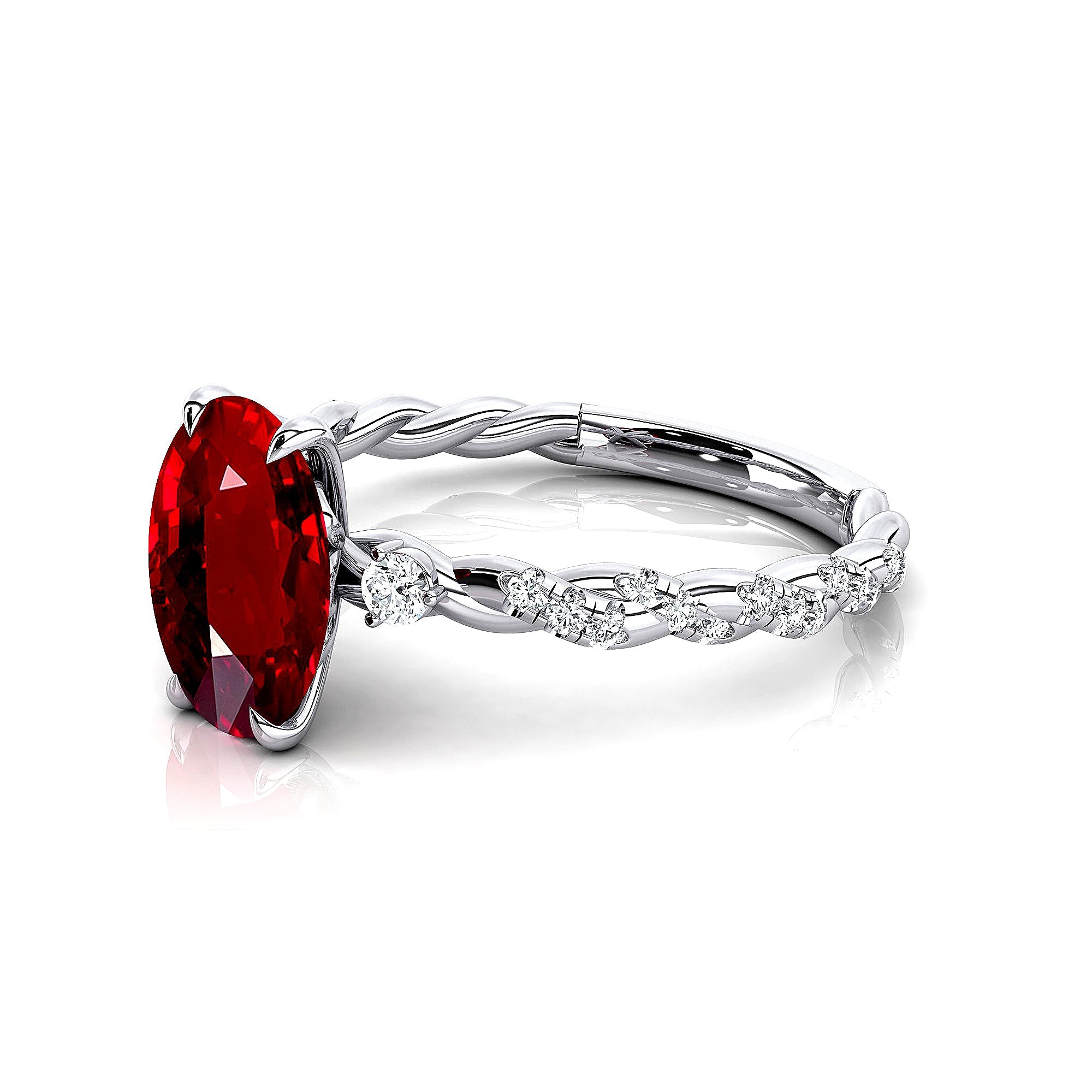 Oval Solitaire Ruby Ring with Twisted Wire Diamond Band - GeumJewels