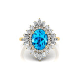 Oval Solitaire Swiss Blue Topaz Baguette and Round Diamond Cocktail Ring - GeumJewels