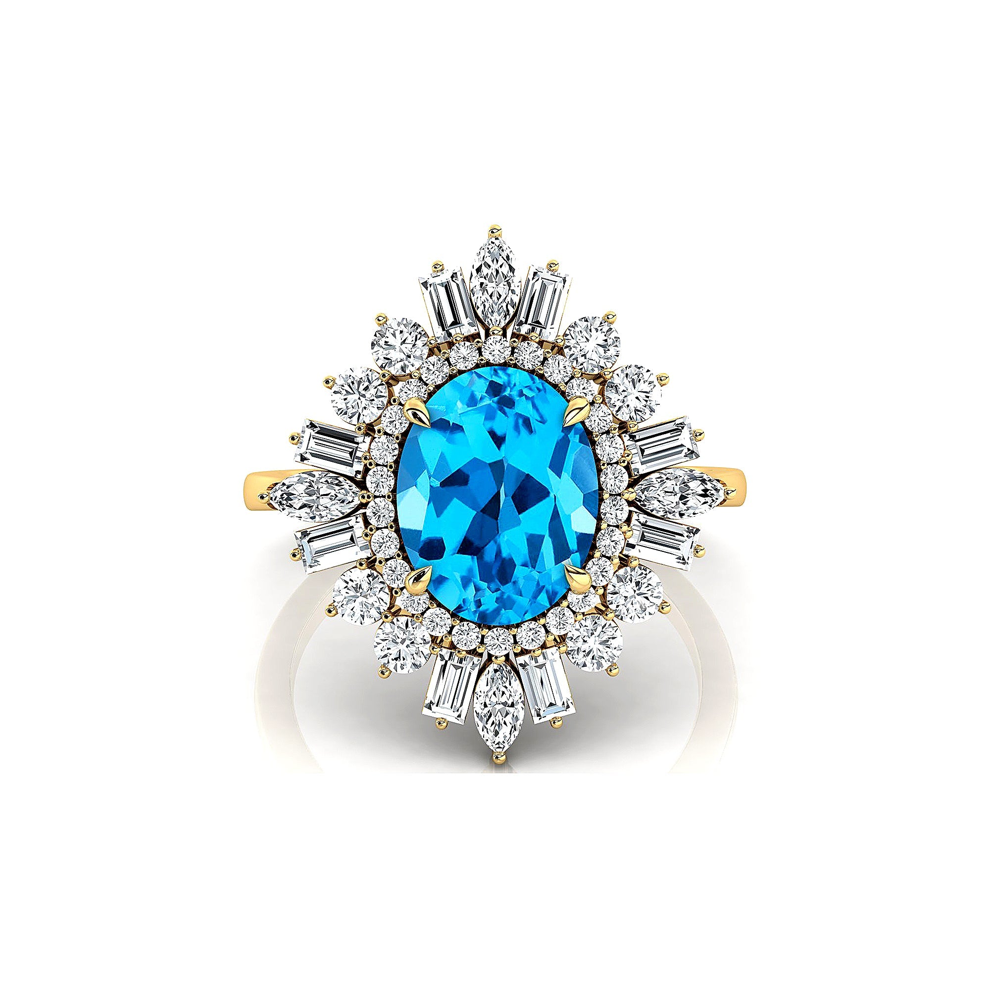 Oval Solitaire Swiss Blue Topaz Baguette and Round Diamond Cocktail Ring - GeumJewels