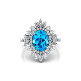 Oval Solitaire Swiss Blue Topaz Baguette and Round Diamond Cocktail Ring - GeumJewels