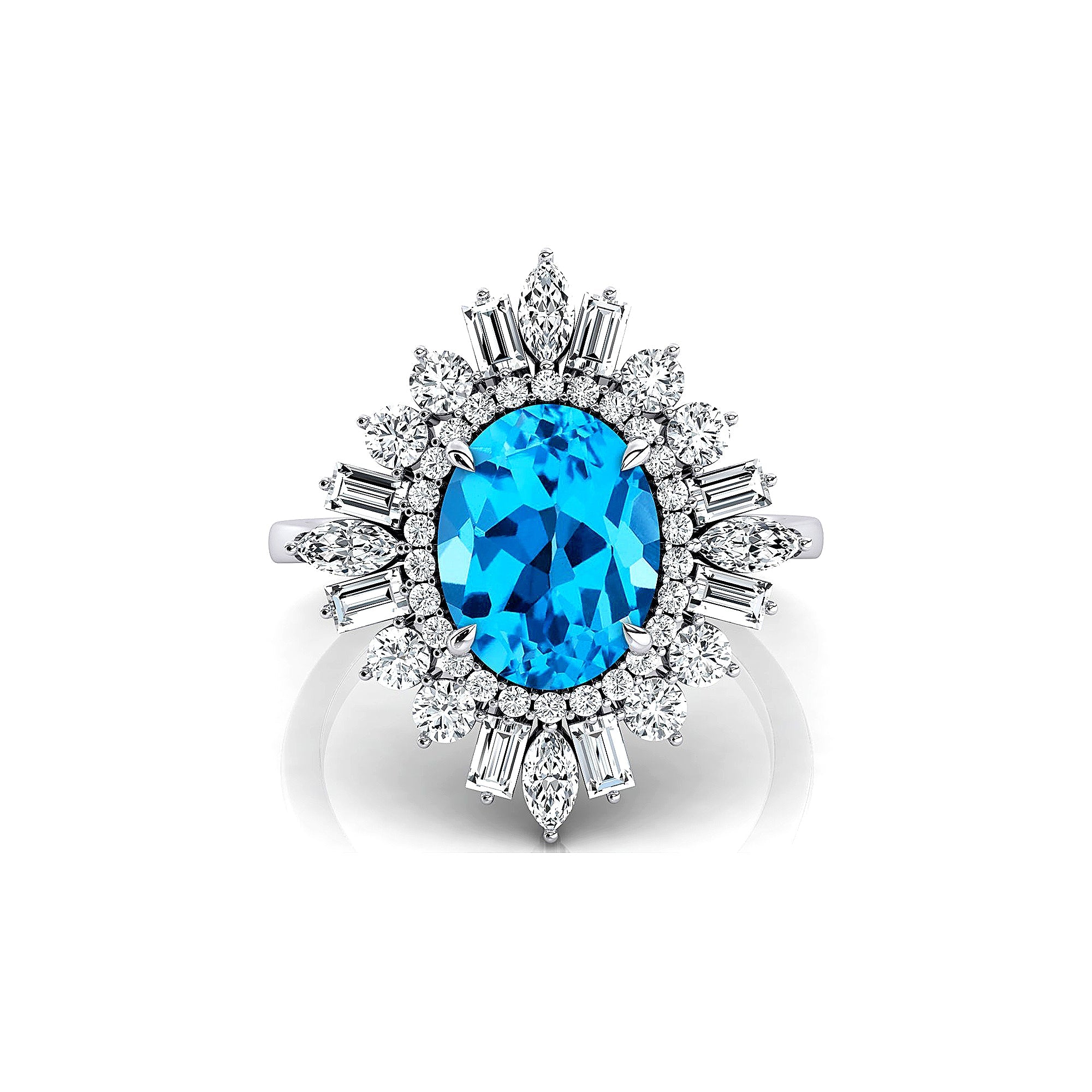Oval Solitaire Swiss Blue Topaz Baguette and Round Diamond Cocktail Ring - GeumJewels