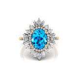 Oval Solitaire Swiss Blue Topaz Baguette and Round Diamond Cocktail Ring - GeumJewels