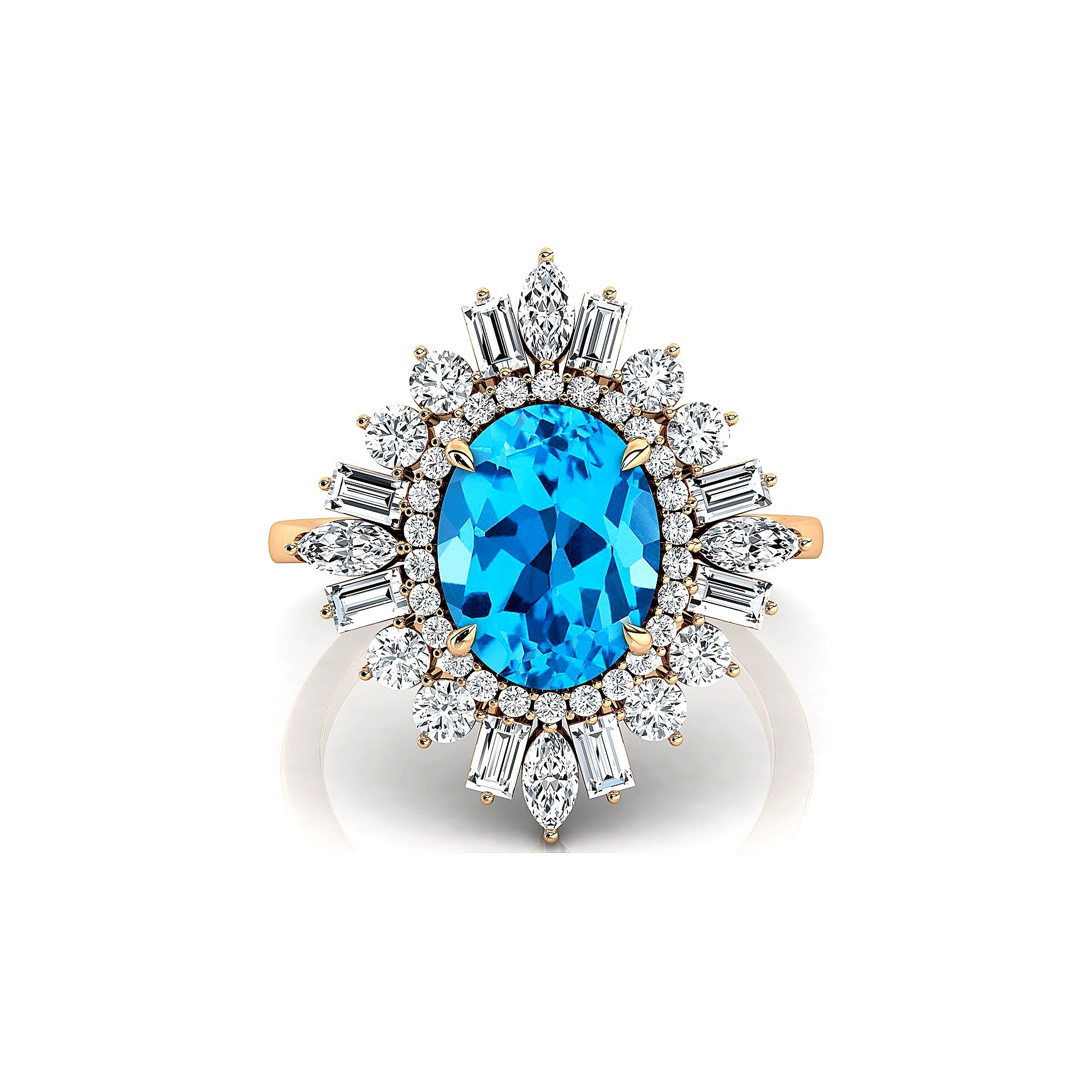Oval Solitaire Swiss Blue Topaz Baguette and Round Diamond Cocktail Ring - GeumJewels