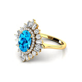 Oval Solitaire Swiss Blue Topaz Baguette and Round Diamond Cocktail Ring - GeumJewels