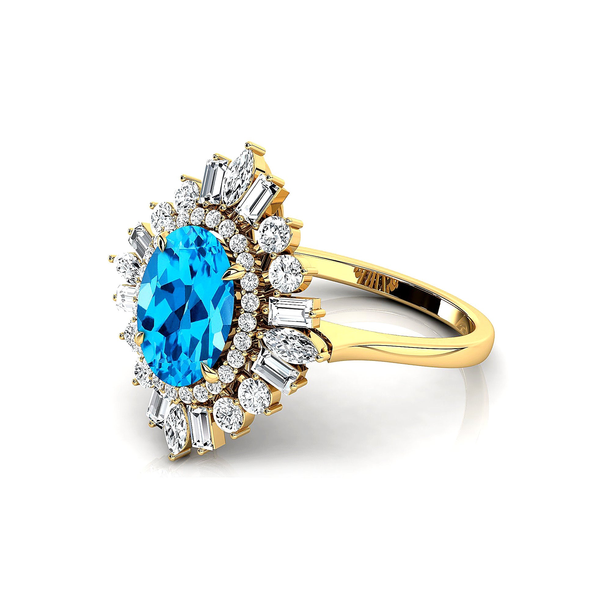 Oval Solitaire Swiss Blue Topaz Baguette and Round Diamond Cocktail Ring - GeumJewels