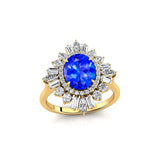 Oval Solitaire Tanzanite Baguette and Round Diamond Cocktail Ring - GeumJewels