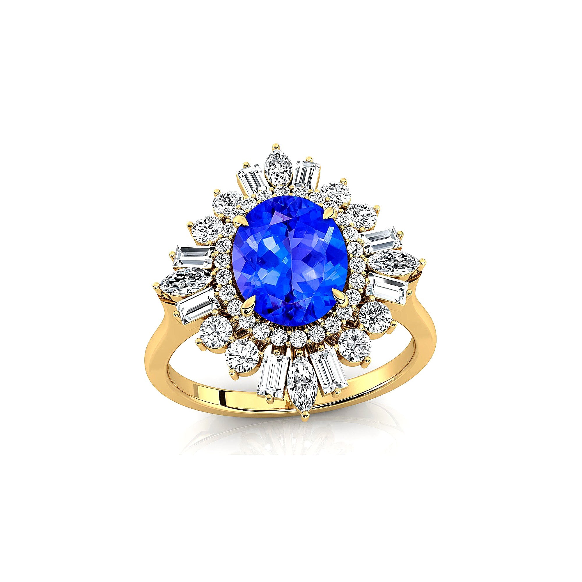 Oval Solitaire Tanzanite Baguette and Round Diamond Cocktail Ring - GeumJewels